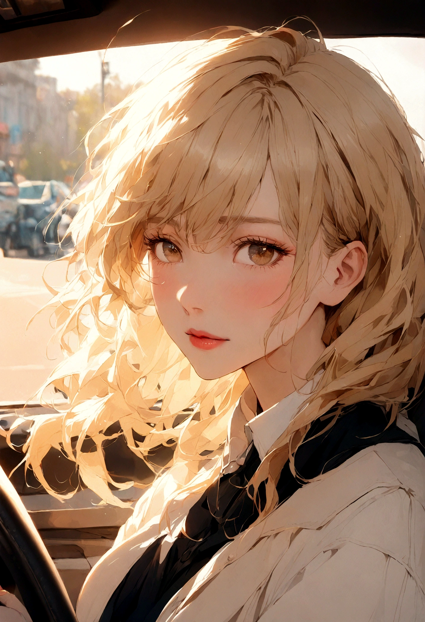 2 identical photo in the same place of a beautiful blonde woman in a car