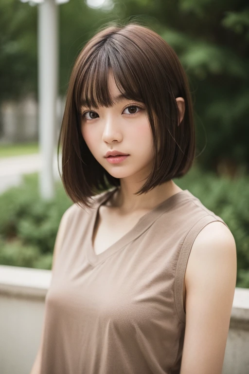 1 girl、Brown Hair、Straight Bangs、Short Hair、Concrete walls and floors、Transcendental Silence、22 years old、Summery fashion、Depth of written boundary、Absurd、Hmph、Ultra-detailed illustrations、Highly detailed face、Raw photo、Film Grain、deviantart Trends
