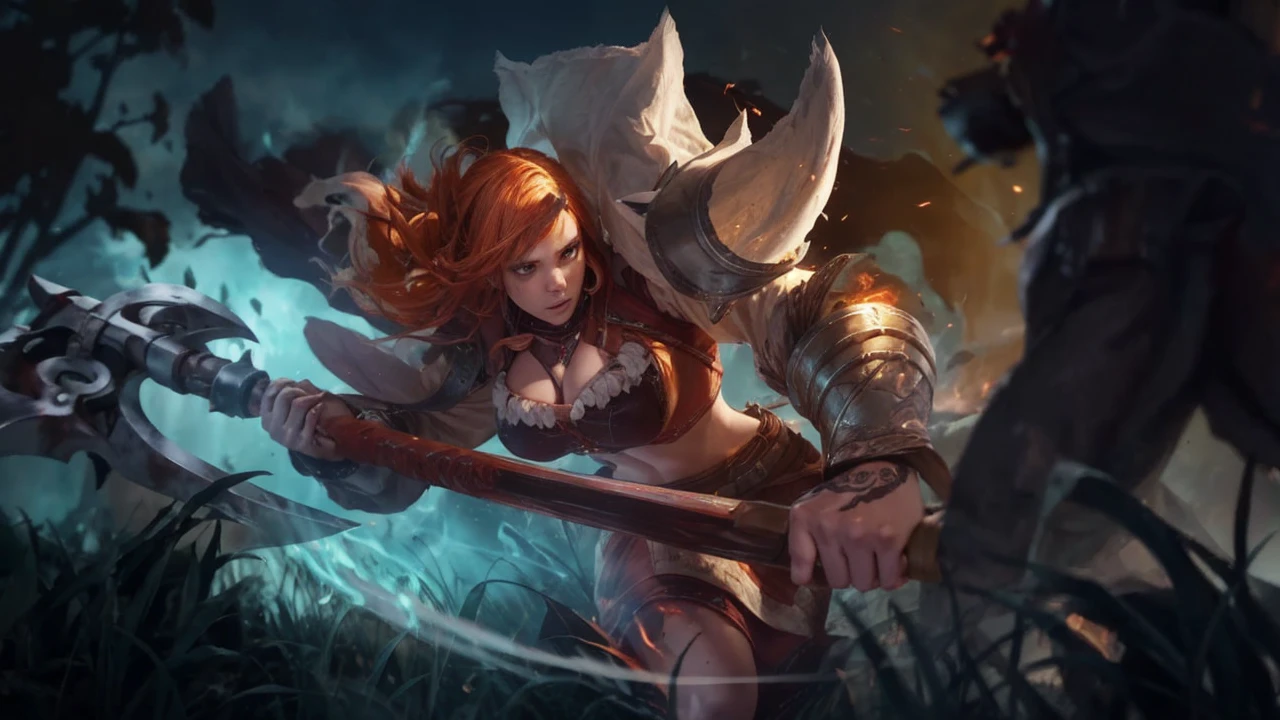 1girl, bangs, breathing fire, burning, burnt clothes, embers, ahoge, beige hair, multicolored hair, fire, flame, flaming sword, (hand on hilt), standing, long hair, pyrokinesis, expressionless, smoke, flower(symbol), solo, sparks, sunset, twilight, white flower, molten rock, lily (flower), fiery flower, depth of field, burning ,