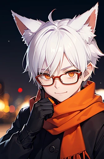 One boy、White Hair、Hairstyle、short、Orange eyes、Glasses、Black sweater、Red scarf、gloves、Snap your fingers、snow、night, white hair, upturned eyes, orange eyes, raised eyebrows, chin grab, light smile, fox ears, first-person view, depth of field, UHD, anatomically correct