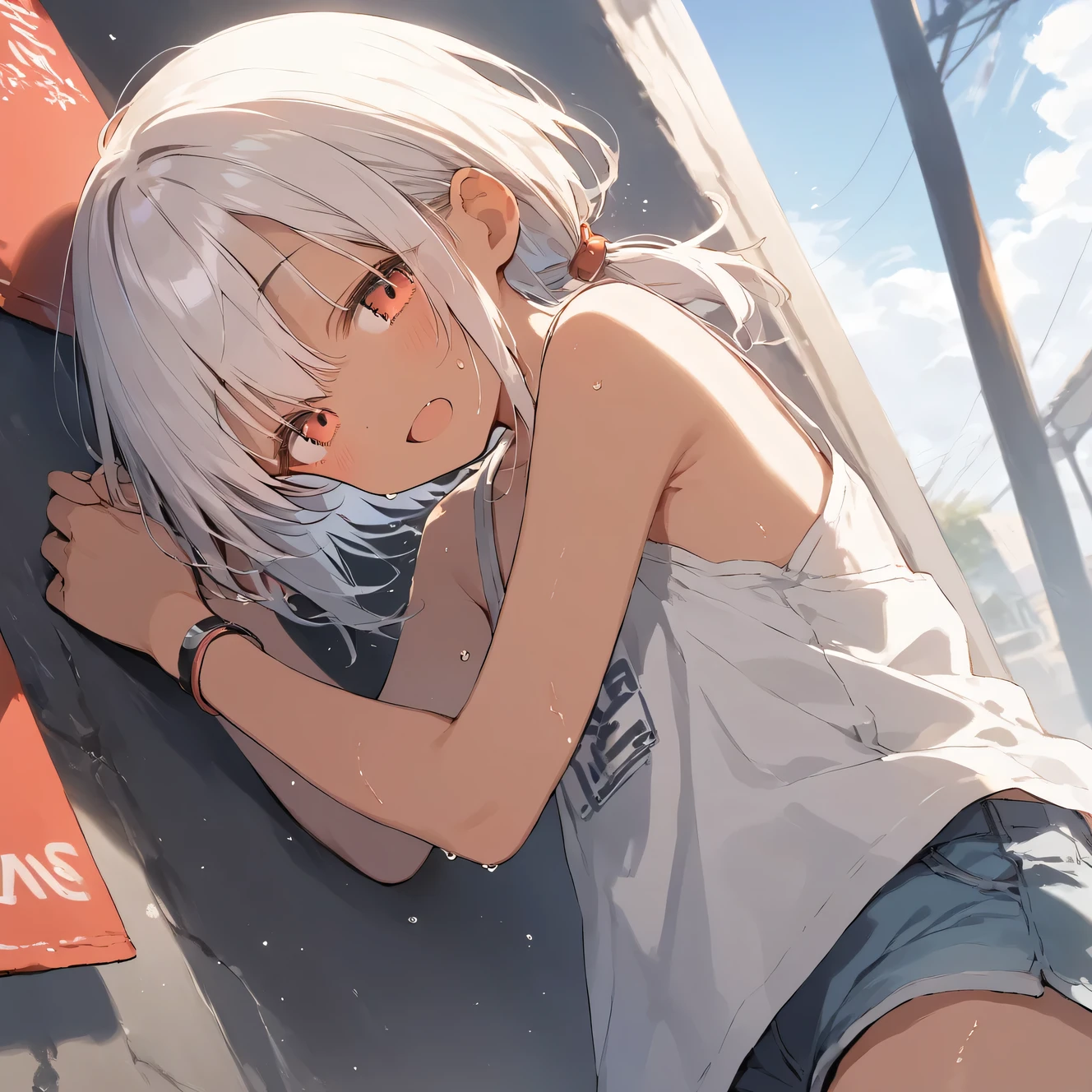 score_9, score_8_up, score_7_up, source_anime, best quality, masterpiece,official art, absurdres, highres, waifu2x,Collection: Slice of Life,break,1girl, tomboy, dark-skinned female, short hair, low ponytail, flat chest, beautiful detailed eyes, short shorts, sweat, open mouth, (yawn:0.3), sleepily, outdoors, break,(clear line illustration:1.2),very high resolution, very aesthetic, super detailed skin, Best sexual lighting powered by famous artist, 8k,cute picture,beauty illustration,photoshop_(medium),,(Detailed Lighting)