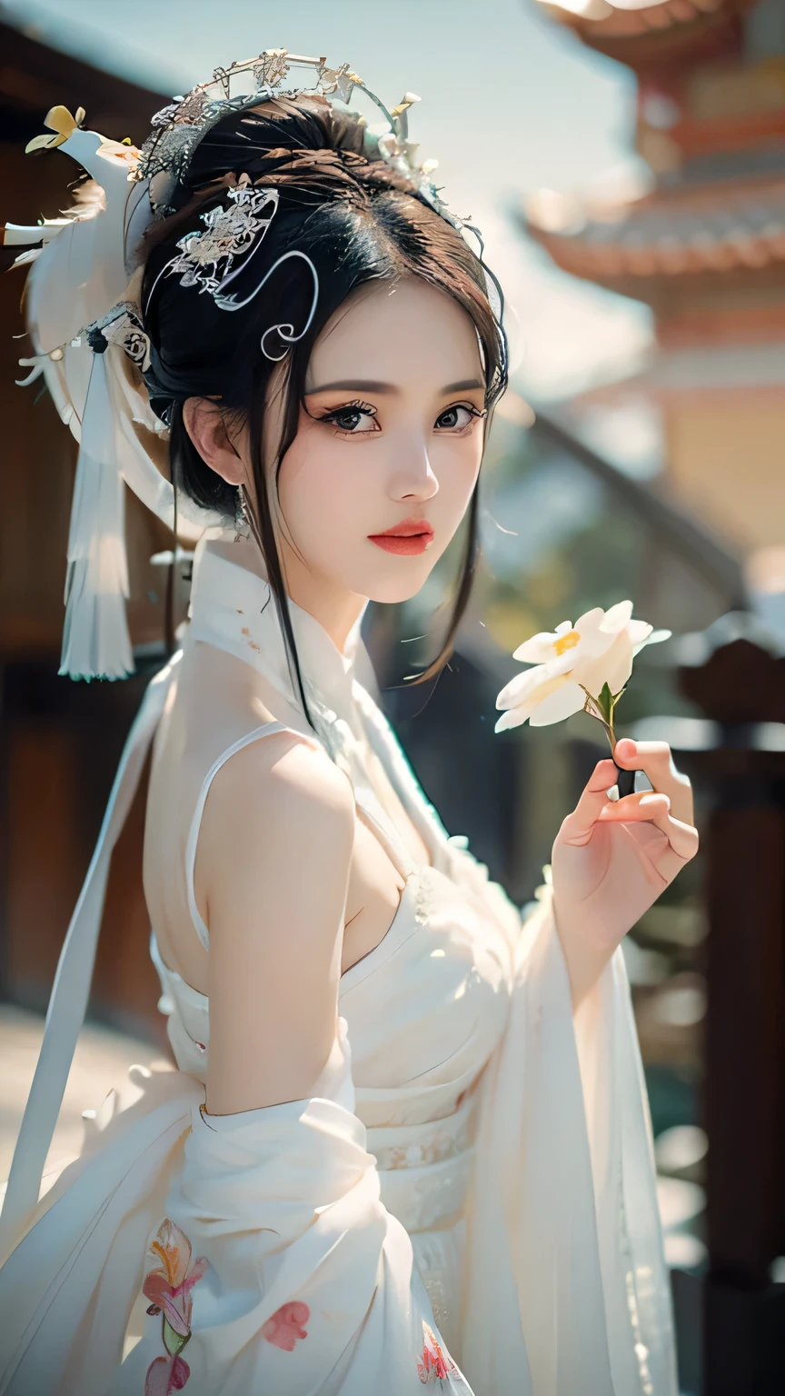 Byrne virus, ((Bare shoulders)), ((Shot in the knee)), ((Standing and walking)), ((Elegant and captivating)), ((Close-up shot)), Photo of woman with flowers in hair, Portrait of Du Qiong, CG Trends, Reality, Beautiful Chinese model, Traditional Beauty, Chinese Girl, CGSTATION Trends, Hot topics on cgstation, Chinese, palace ， Cute and delicate face, beautiful girl, A beautiful young womatomically correct