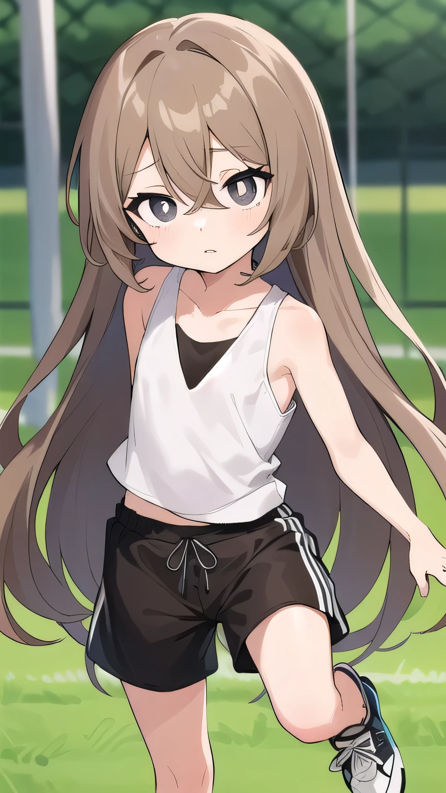 Girl, (light brown hair:1.5), (black eyes:1.1), (big eyes: 1.1), (sagging eyes: 1.5), (very long hair:1.1), hair between eyes,, black tank top, black shorts, white sneakers, (flat chest), (straight hair), very short, only , , , ,, (short height:1.3), young face , sleepy face, smooth straight hair, Soccer field, Doing crunches