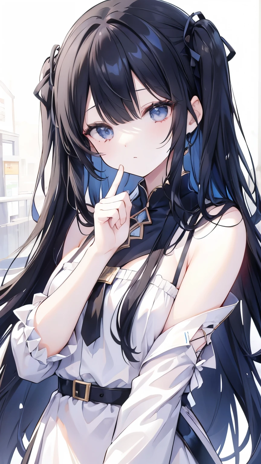Black Hair、long hair、Two Side Up、Straight bangs、Celeste's Eyes、smile、Black clothes、Shoulder Bare、Black Skirt、tights、boots、Mountains in New Zealand