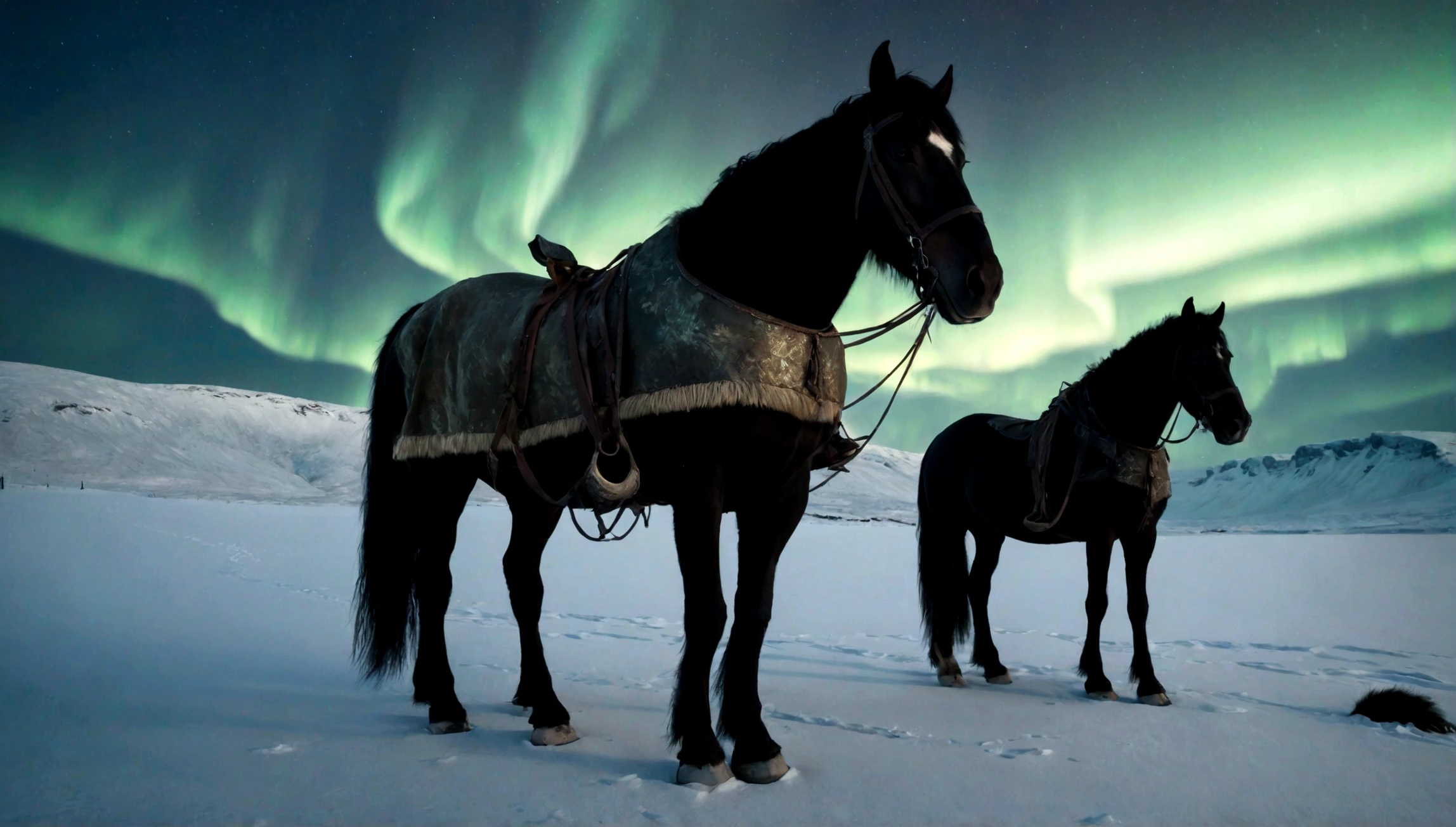 a dark, atmospheric scene set in the Arctic in 1802. In the center of the image is Cedric MacLeod, um homem ruivo de 33 anos, conhecido como Hunter, vestindo um traje robusto e intimidante feito de pele de vaca das Terras Altas, dyed black to camouflage in the darkness. He is standing next to an armor structure, erguida com placas de metal e pele de vaca das Terras Altas, giving the impression of an improvised fortress in the middle of the icy desert.
Ao fundo, um carruagem negra, pulled by two black horses from Iceland, is parked, his presence adding a touch of mystery and grandeur to the scene. The Northern Lights dance in the night sky, casting a dim, ghostly light over the frozen landscape, as snowflakes begin to slowly fall, criando um ambiente ainda mais sinistro e desolado.