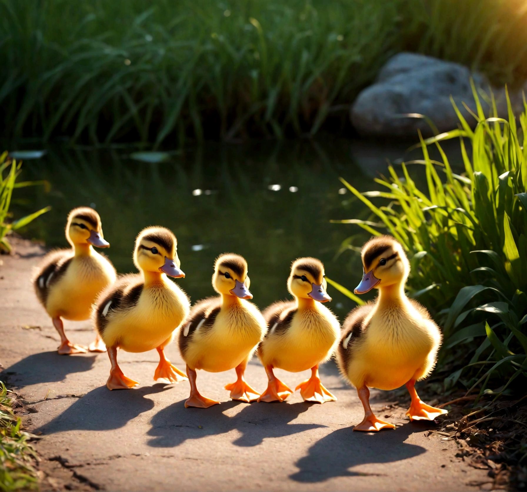 several ducklings walking in a line towards the lake, the day is beautiful there are several different types of ducks
,Disney animated cartoon style drawing, deep colors background lighting cartoon quality