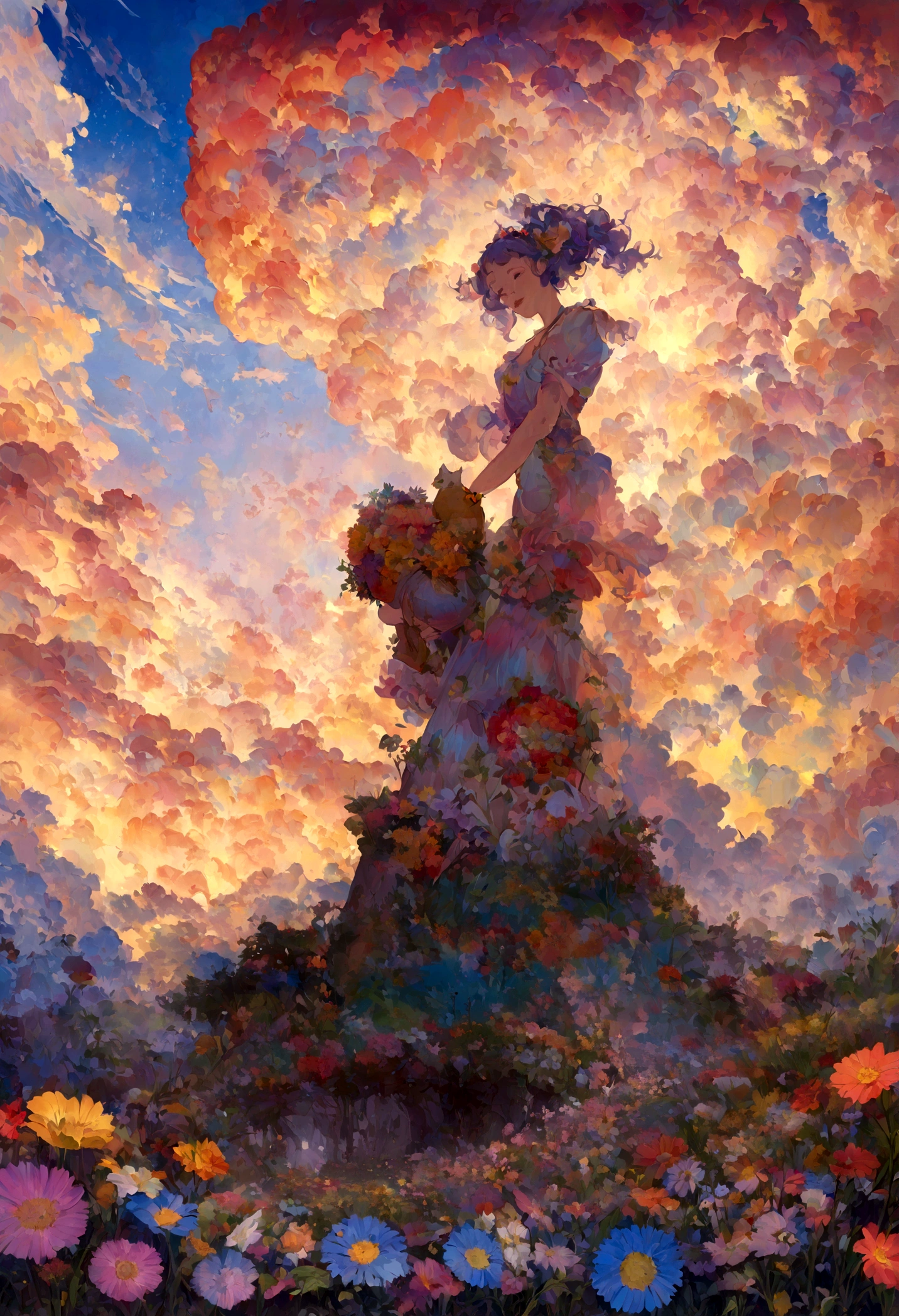 bouquet、Flower Field、bless、Toast、Euphoria、happiness, Surrealist paintings by Michael Sutphin, pixiv Contest Winner,, Beautiful flowers dye the sky, Greg Beeple, ,, Psychedelic Cloud, Just a joke, Sunset Psychedelic, glowing clouds, Dreamscape painting, Burning Clouds、