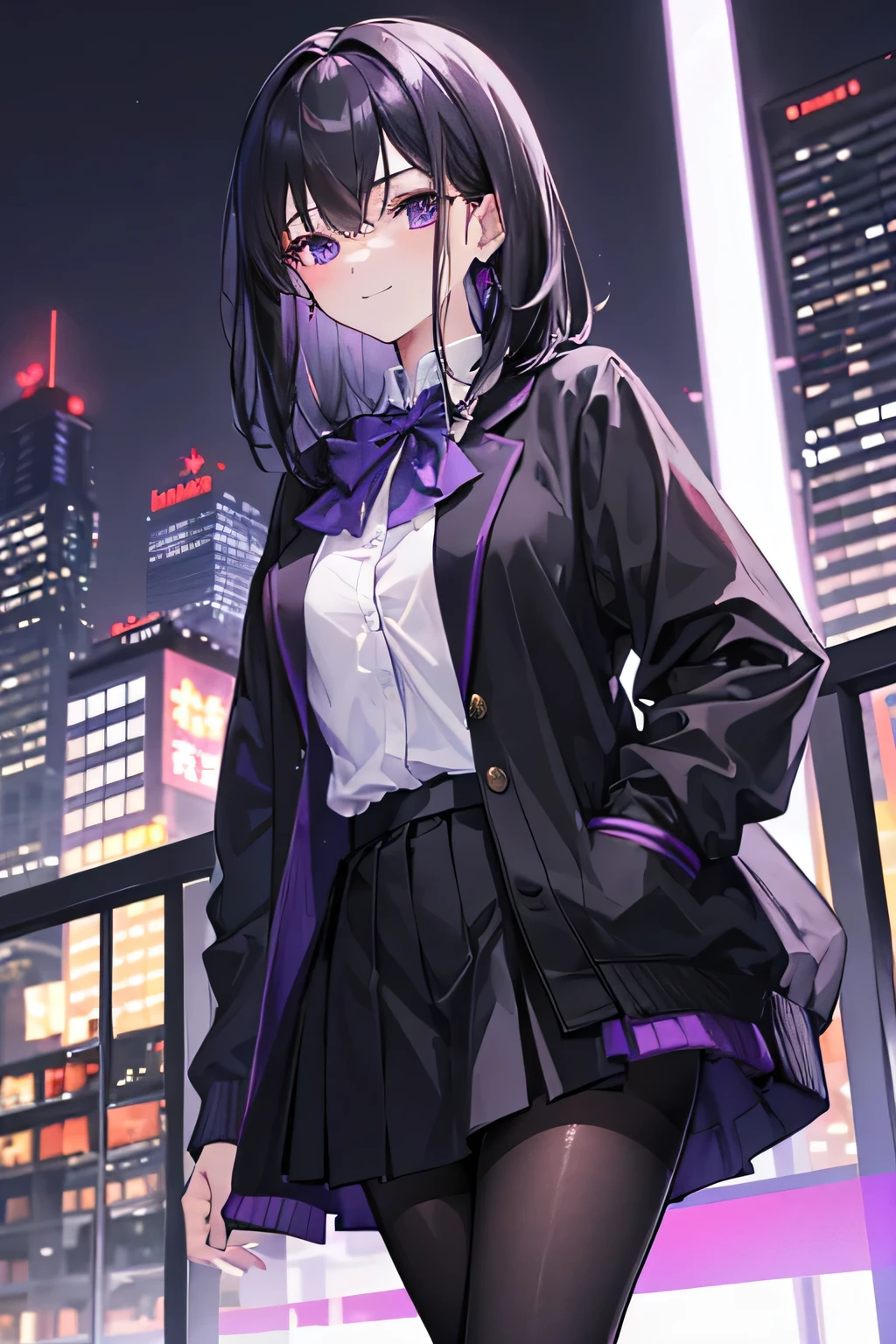 ((masterpiece, highest quality)), (One Woman), (alone), (Focus on women), (Black Hair), (Medium Hair), (Purple Cardigan),(Black Skirt), (Mature), (23 years old), (look straight at me),(pantyhose), (cool), (Shinjuku at night), Smile faintly, Lower your eyebrows, Can use psychic powers