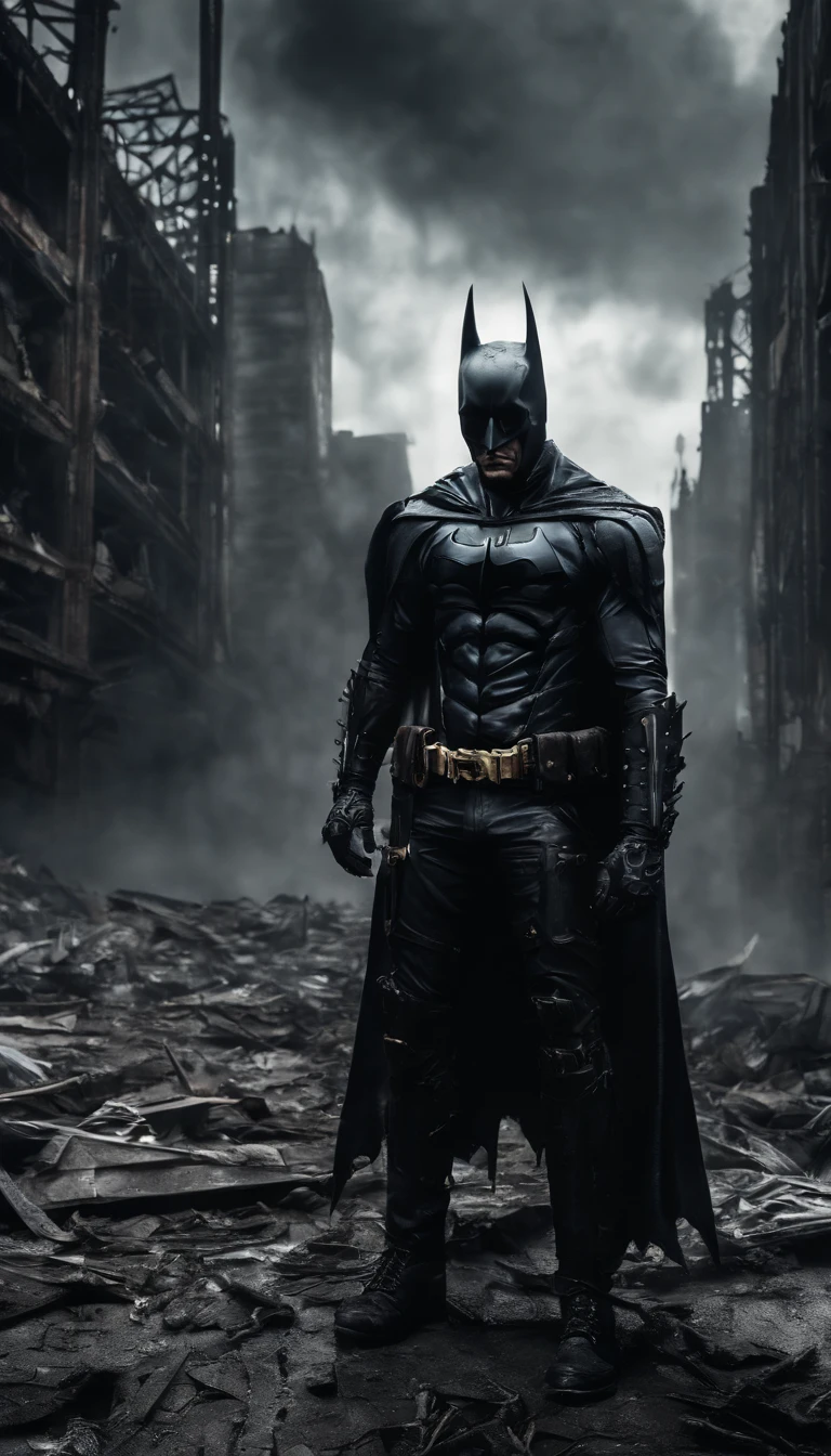 a postapocalyptic cyberpunk batman, dystopian borderlands landscape, steampunk outfit, detailed face and body, standbon rhebtop ofbskyscrapers ruins and look around, strong wind, clouds and lightning, dramatic lighting, cinematic composition, muted color palette, gritty textures, volumetric fog, shiny metal mechanical parts, worn leather and fabric, dramatic pose, high contrast, moody atmosphere, cinematic depth of field, volumetric god rays, hyper detailed, photorealistic, 8K, masterpiece
