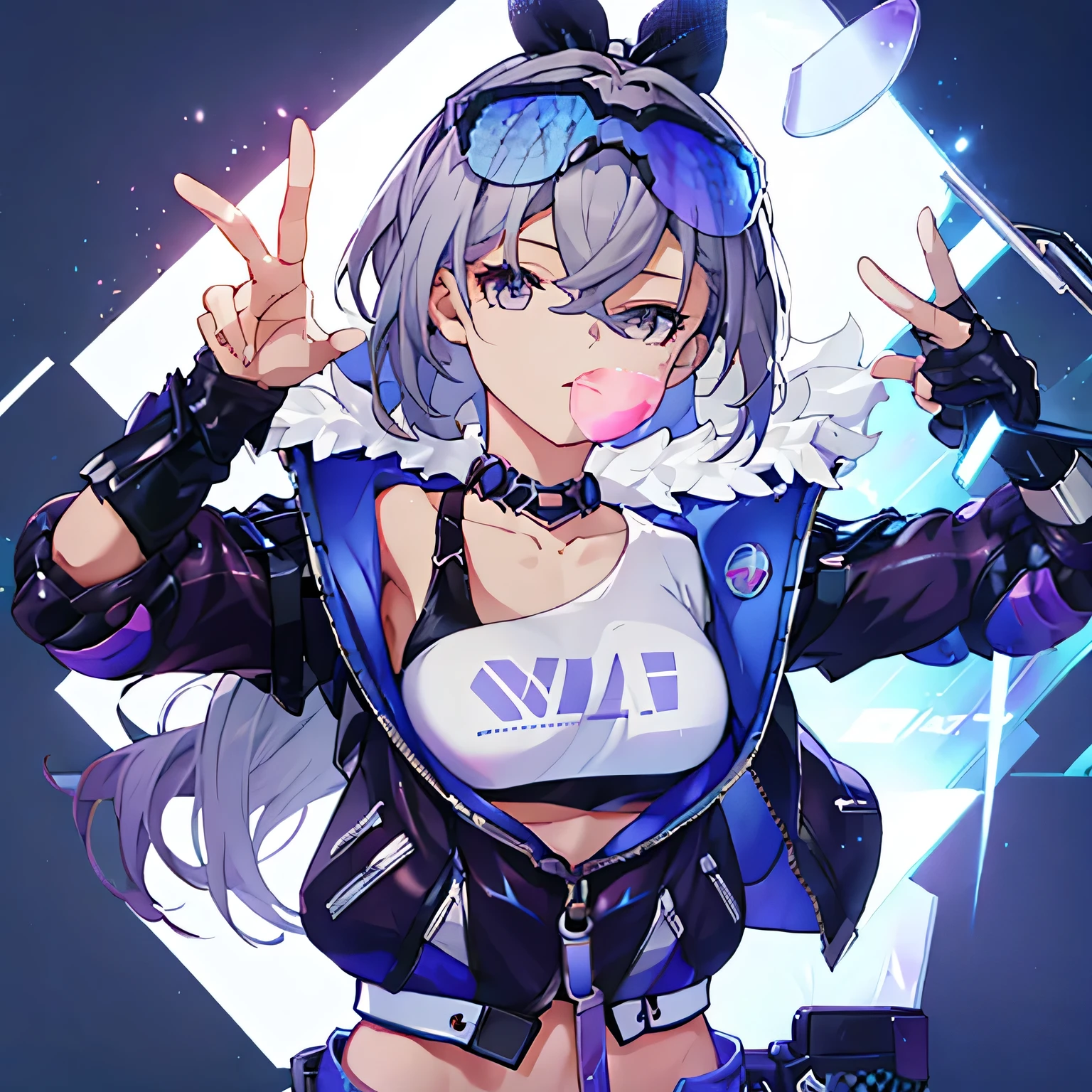 portrait, iphone, 1girl, looking at viewer, silver wolf (honkai: star rail), medium breasts, vest, jacket, holding phone, bubble blowing, white background, best quality, amazing quality, sho (sho lwlw), ningen mame, ogipote, tianliang duohe fangdongye,