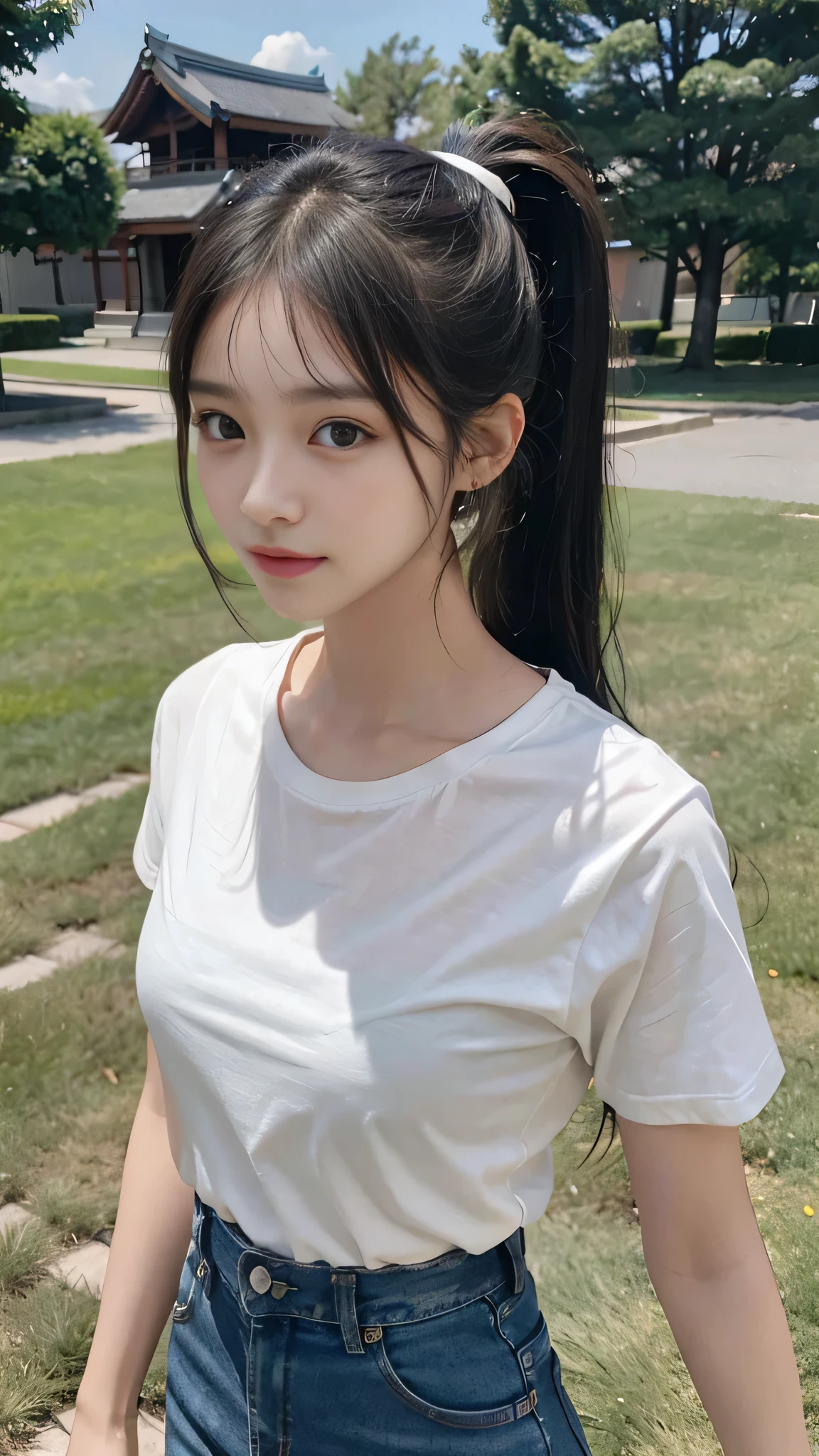 T-shirts,jeans,outdoors,Urban Park,On the lawn,Close up face,One woman,masutepiece, The highest image quality, High quality, the background is clear,Beautiful woman, Japanese,Ultra-detailed, finely detail, hight resolution, 8K Wallpaper, Perfect dynamic composition, Beautiful detailed eyes , Detailed, Detailed eyes, Detailed skin, Beautiful skin, 超hight resolution, (reality: 1.4),Very beautiful woman, Slightly younger face, Beautiful skin, slender, (Ultra photo realsisim), (hight resolution), (8K), (Very detailed) (beautifully detailed eyes), (super detailed), (Detailed face), view the viewer, Fine details, Detailed face, Staring straight ahead, Staring straight ahead, photos realistic, Bright lighting, Professional Lighting, Black hair,poneyTail,a baby face,fourteen years old,Hairstyle: ponytail,Long ponytail hairstyle,slight smile,neat and tidy clothing,Beautiful Japanese KPOP idol photo, hair style is ponytail, my eyes are double and wide, baby face, smile and look straight ahead, slender, small breasts,Close up face,