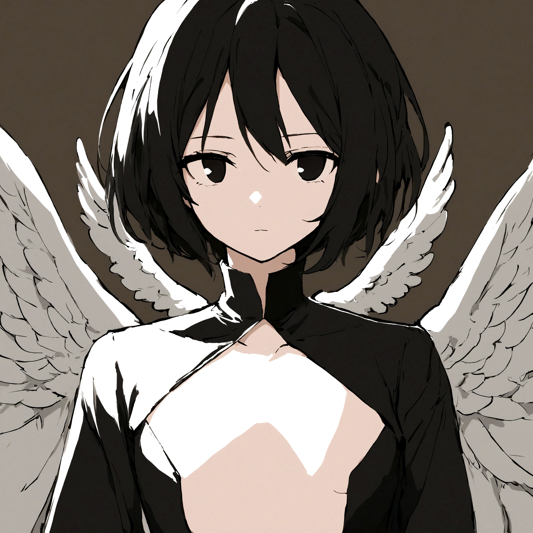 Black Hair,short hair,black eye,Angel's wing,Black clothes,Gender unknown,Expressionless,No breasts,Thick Coating