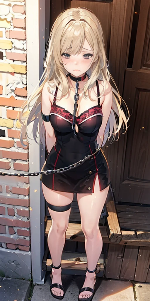(masterpiece, best quality), intricate details, 1girl, 1girl in, age19, Solo, Long hair, Colossal, Looking at Viewer, blond hair, Alexis Texas (standing full body toe to head by wooden pole:1.2) iron collar, arms behind back, iron cuffs, shackles, bound, harness, o-ring, happy red cheeks, chain leash collar choker neck bell shackles wristbands bracers bracelets, cleave gag, sad face, red cheeks, cryings tears, painful (she was sold and betrayed by her own family after been hitted on face) (inflammations swollen face 😢 💔 😞 😭)