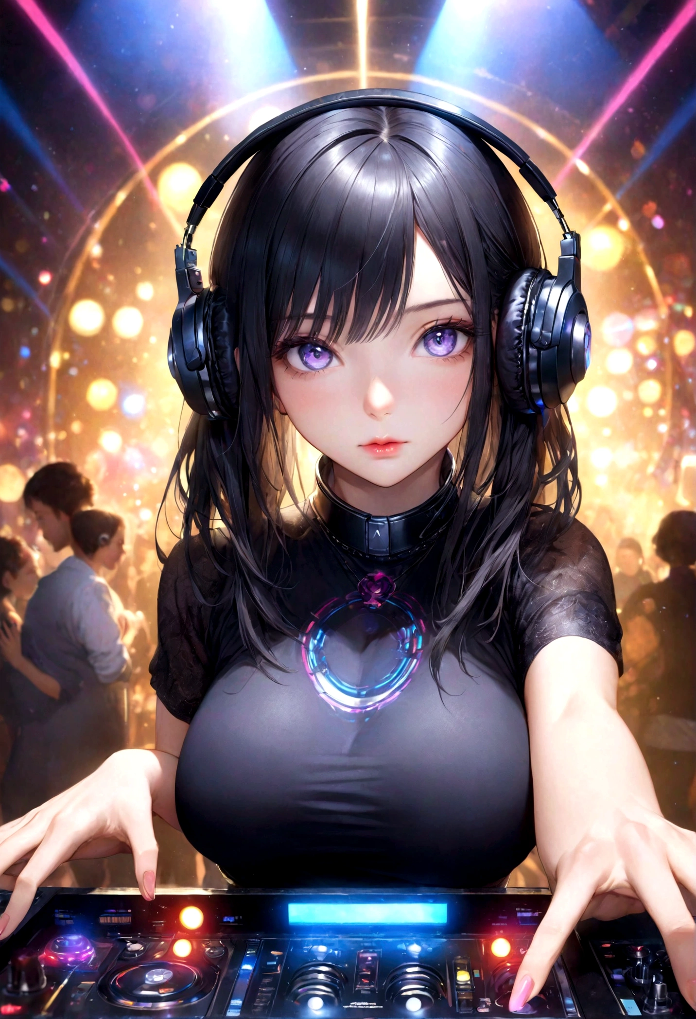 1 girl wearing headphones, beautiful detailed eyes, beautiful detailed lips, extremely detailed face and eyes, long eyelashes, perfect skin, black hair, large breasts, dj, dj booth, dancing to music, club, night live house, red laser lights, blue laser lights, random laser points, virtual reality, golden laser beams, purple laser lights, dj, live stage, realistic fingers, detailed natural fingers, best quality, 4k, 8k, highres, masterpiece:1.2, ultra-detailed, realistic, photorealistic:1.37, HDR, UHD, studio lighting, ultra-fine painting, sharp focus, physically-based rendering, extreme detail description, professional, vivid colors, bokeh