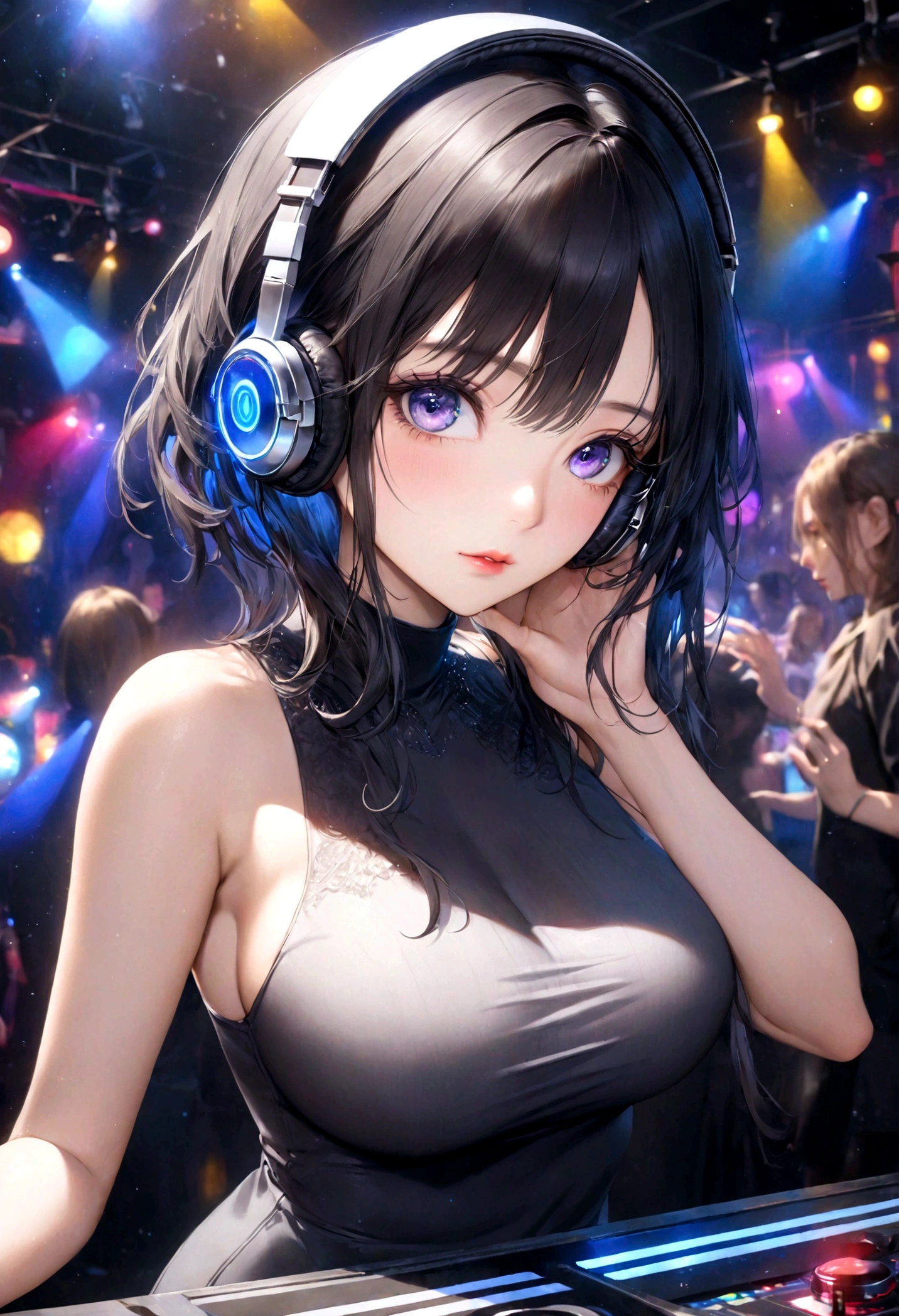 1 girl wearing headphones, beautiful detailed eyes, beautiful detailed lips, extremely detailed face and eyes, long eyelashes, perfect skin, black hair, large breasts, dj, dj booth, dancing to music, club, night live house, red laser lights, blue laser lights, random laser points, virtual reality, golden laser beams, purple laser lights, dj, live stage, realistic fingers, detailed natural fingers, best quality, 4k, 8k, highres, masterpiece:1.2, ultra-detailed, realistic, photorealistic:1.37, HDR, UHD, studio lighting, ultra-fine painting, sharp focus, physically-based rendering, extreme detail description, professional, vivid colors, bokeh