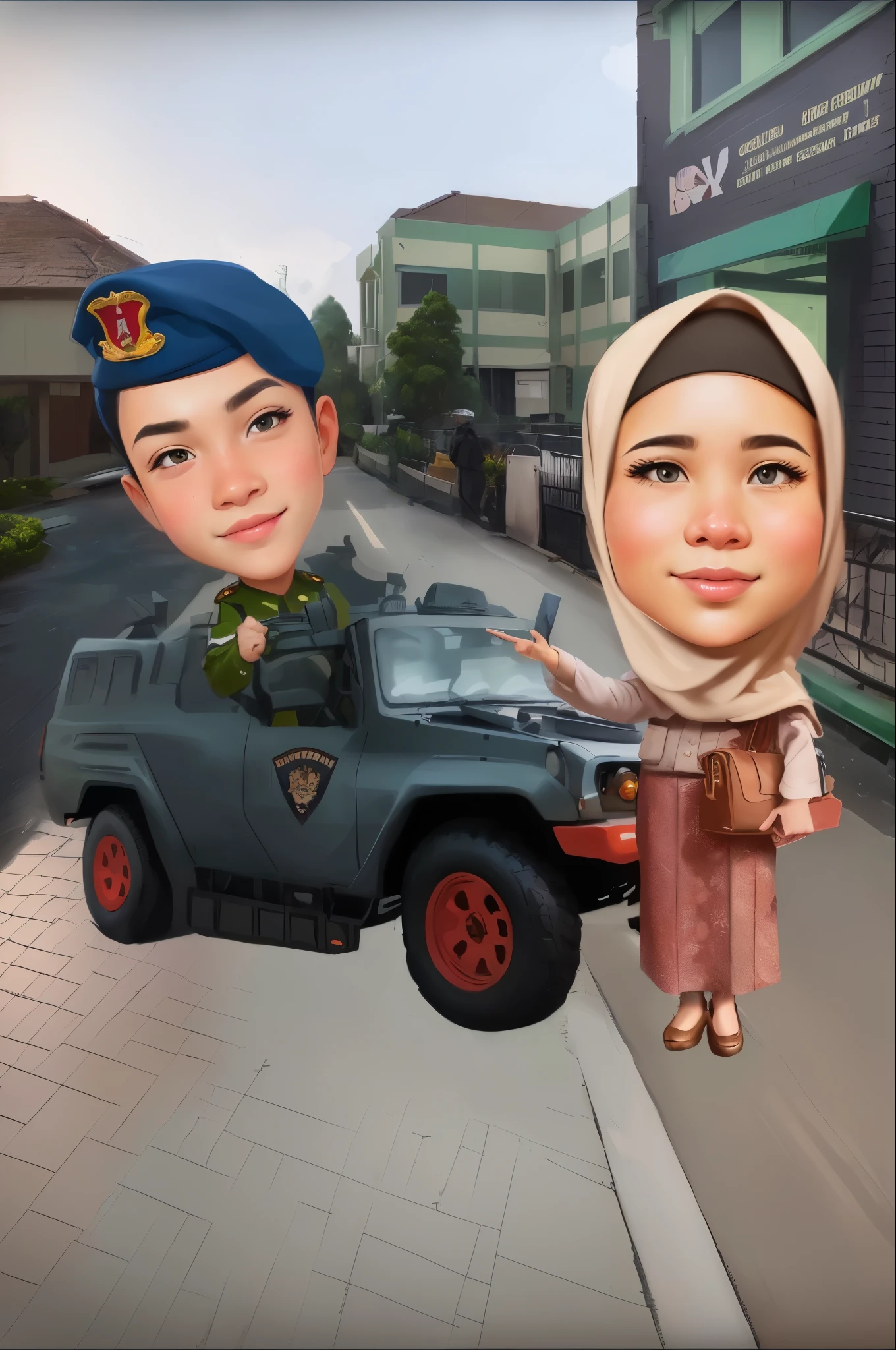 cartoon caricature of a woman hijab and a kid in a military uniform, caricature illustration, in cartoon style, caricature style, chibi, realistic cartoon, cartoon artstyle, cartoon digital painting, caricature, digital art cartoon, cartoon digital art, cartoon art, cartoon style, caricature!!!, jakarta, ???, potrait, cartoon style illustration, detailed cartoon, stylized digital illustration