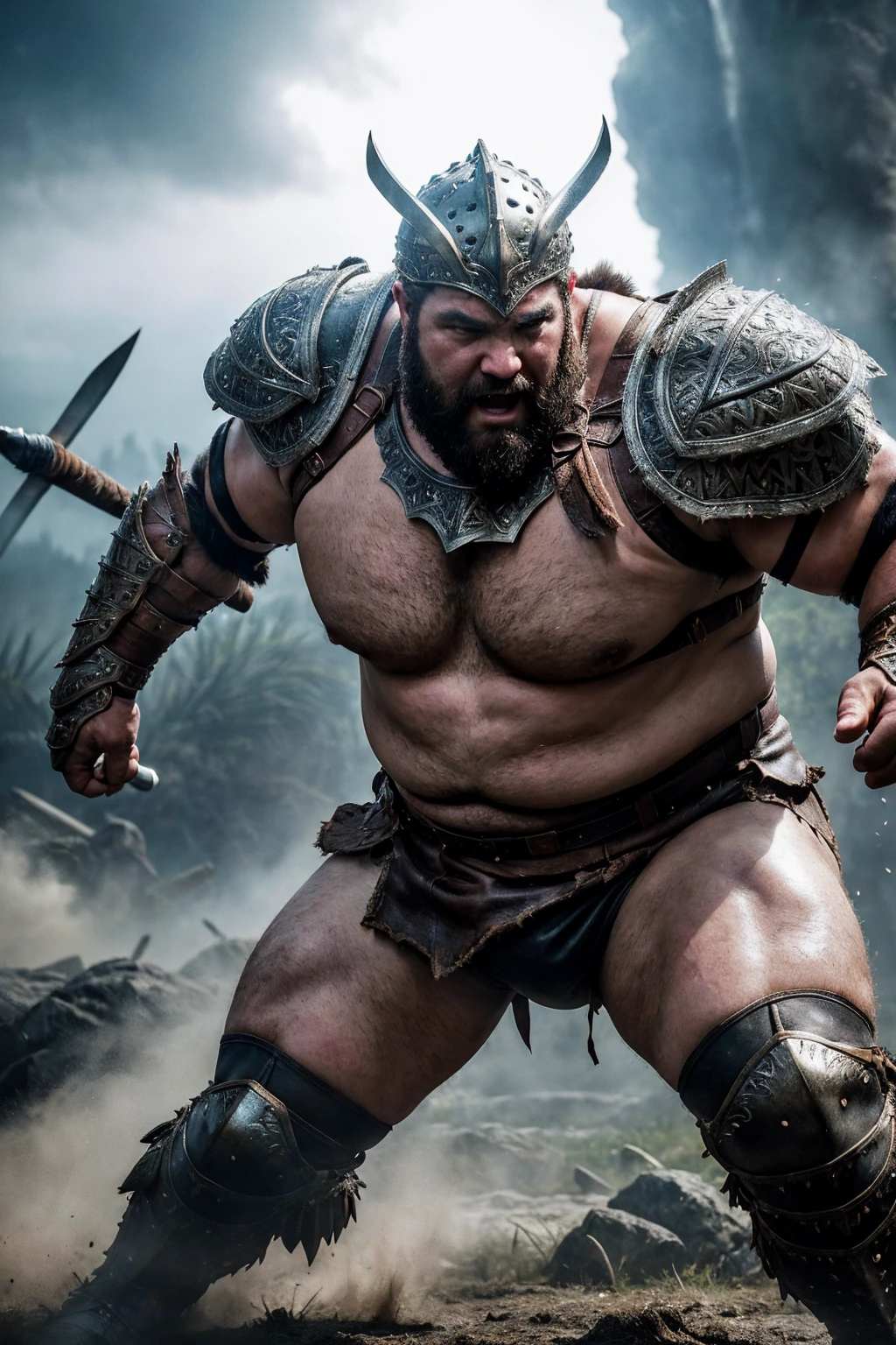 looking at me, face, a fat gentle barbarian, mid combat, leather armor, legs exposed from thighs to feet, intense battle scene, fierce, battleground background, masterpiece, volumetric lighting, Dramatic, He is ejaculating semen, ((ultra sharp)), ((masterpiece)), ((best quality)), ((ultra detailed)), ((intricate details)),