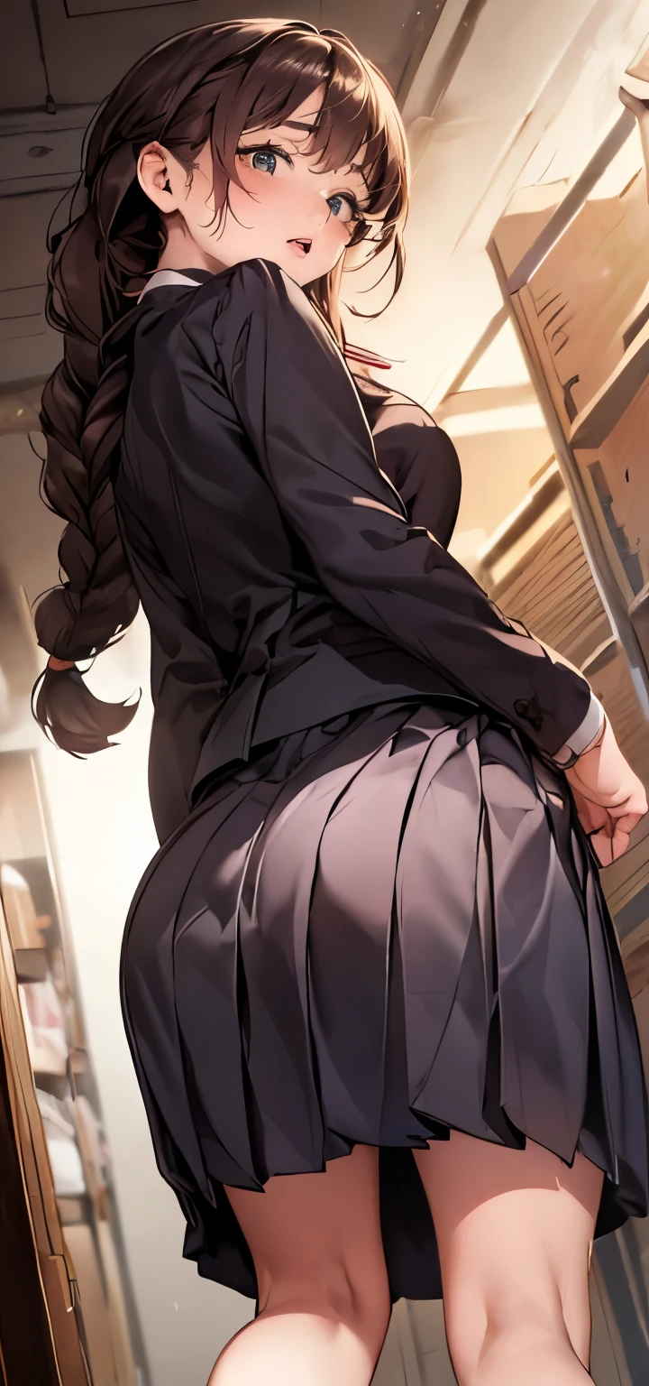 masterpiece, 最高masterpiece, High Resolution, One girl, pooping, right, long hair, brown hair, black shirt, red dress, long sleeves, black pantyhose, Aozaki Aoko, farting, Ass, hyper Ass, huge Ass,