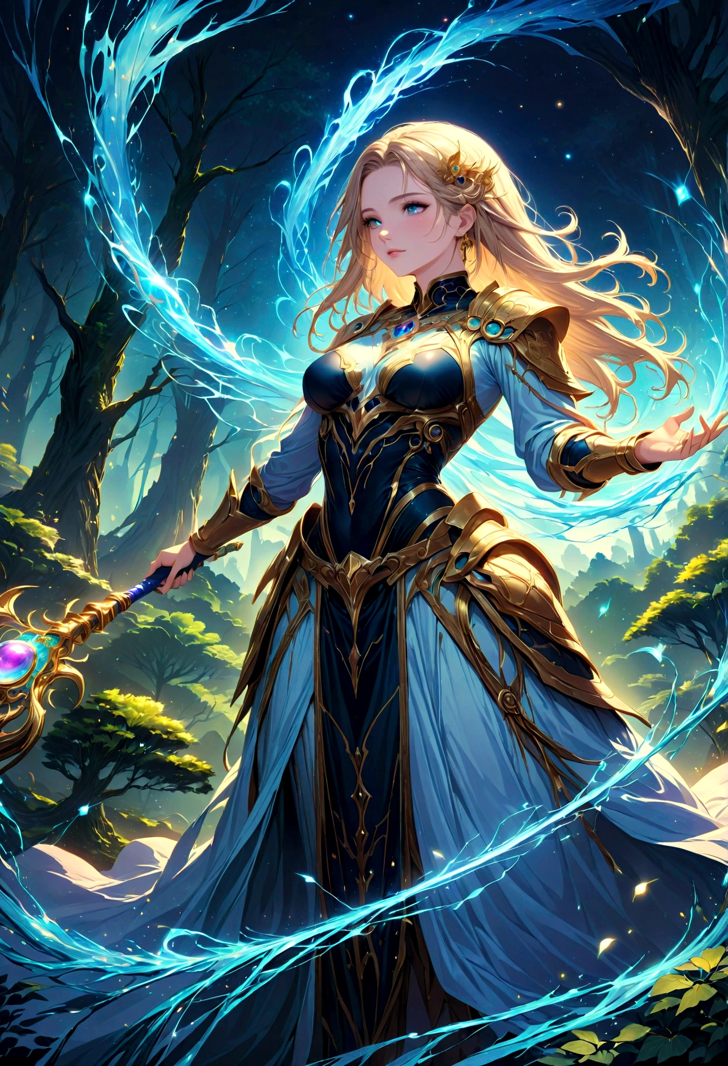 high details, best quality, 16k, [ultra detailed], masterpiece, best quality, (extremely detailed), dynamic angle, ultra wide shot, photorealistic, ((fantasy art)), dnd art, rpg art, realistic art, female human druid of the stars, guardian of nature, controlling magical energy made of stars, swirling blue stary magical light, divine symbols, DruidMagicAI (1.5 intricate details, Masterpiece, best quality), human female,  extremally beautiful, ultra feminine, dynamic hair, dynamic hair color, wearing leather armor CM-Beautiful_armor, holding a staff, moon light, stars, dynamic natural background,  RPG art, magical atmosphere magic-fantasy-forest, ultra best realistic, best details, best quality, 16k, [ultra detailed], masterpiece, best quality, (extremely detailed), ultra wide shot, photorealism, depth of field, hyper realistic painting, aetherpunkai