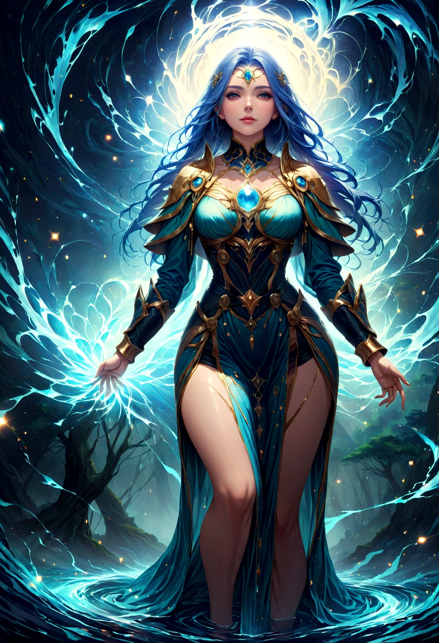 high details, best quality, 16k, [ultra detailed], masterpiece, best quality, (extremely detailed), dynamic angle, ultra wide shot, photorealistic, ((fantasy art)), dnd art, rpg art, realistic art, female human druid of the stars, guardian of nature, controlling magical energy made of stars, swirling blue stary magical light, divine symbols, DruidMagicAI (1.5 intricate details, Masterpiece, best quality), human female,  extremally beautiful, ultra feminine, dynamic hair, dynamic hair color, wearing leather armor CM-Beautiful_armor, holding a staff, moon light, stars, dynamic natural background,  RPG art, magical atmosphere magic-fantasy-forest, ultra best realistic, best details, best quality, 16k, [ultra detailed], masterpiece, best quality, (extremely detailed), ultra wide shot, photorealism, depth of field, hyper realistic painting, aetherpunkai