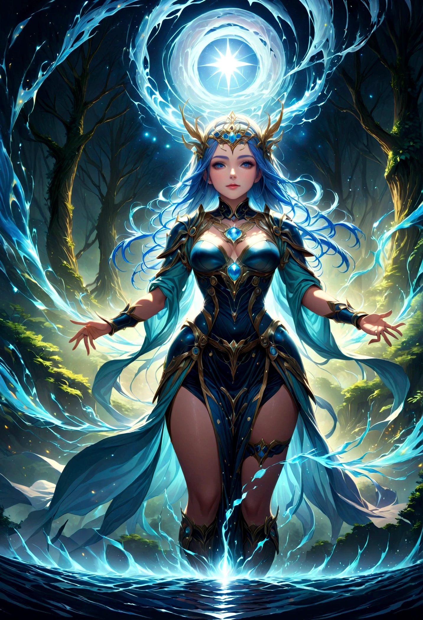 high details, best quality, 16k, [ultra detailed], masterpiece, best quality, (extremely detailed), dynamic angle, ultra wide shot, photorealistic, ((fantasy art)), dnd art, rpg art, realistic art, female human druid of the stars, guardian of nature, controlling magical energy made of stars, swirling blue stary magical light, divine symbols, DruidMagicAI (1.5 intricate details, Masterpiece, best quality), human female,  extremally beautiful, ultra feminine, dynamic hair, dynamic hair color, wearing leather armor CM-Beautiful_armor, holding a staff, moon light, stars, dynamic natural background,  RPG art, magical atmosphere magic-fantasy-forest, ultra best realistic, best details, best quality, 16k, [ultra detailed], masterpiece, best quality, (extremely detailed), ultra wide shot, photorealism, depth of field, hyper realistic painting, aetherpunkai