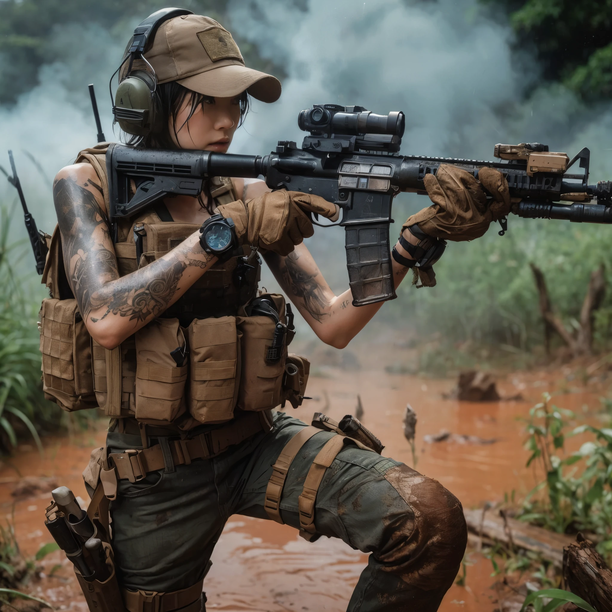 8k,Realistic Photo、Realistic Skin Texture、Superrealism、Japanese women in the US Special Forces、jungle、、rifle、、Hold your gun and be on guard、Tension、Sense of urgency、after the rain、Bulletproof vest、Watch on left arm、Sticks to the skin when moistTshirt、Military Pants、jungleブーツ、Tattoo、humidity、Dynamic pose、Impact、explosion、Bombing nearby、Grass and mud fly off along with the smoke from the explosion.、Coming under attack,The counterattack begins、Deadly Combat
