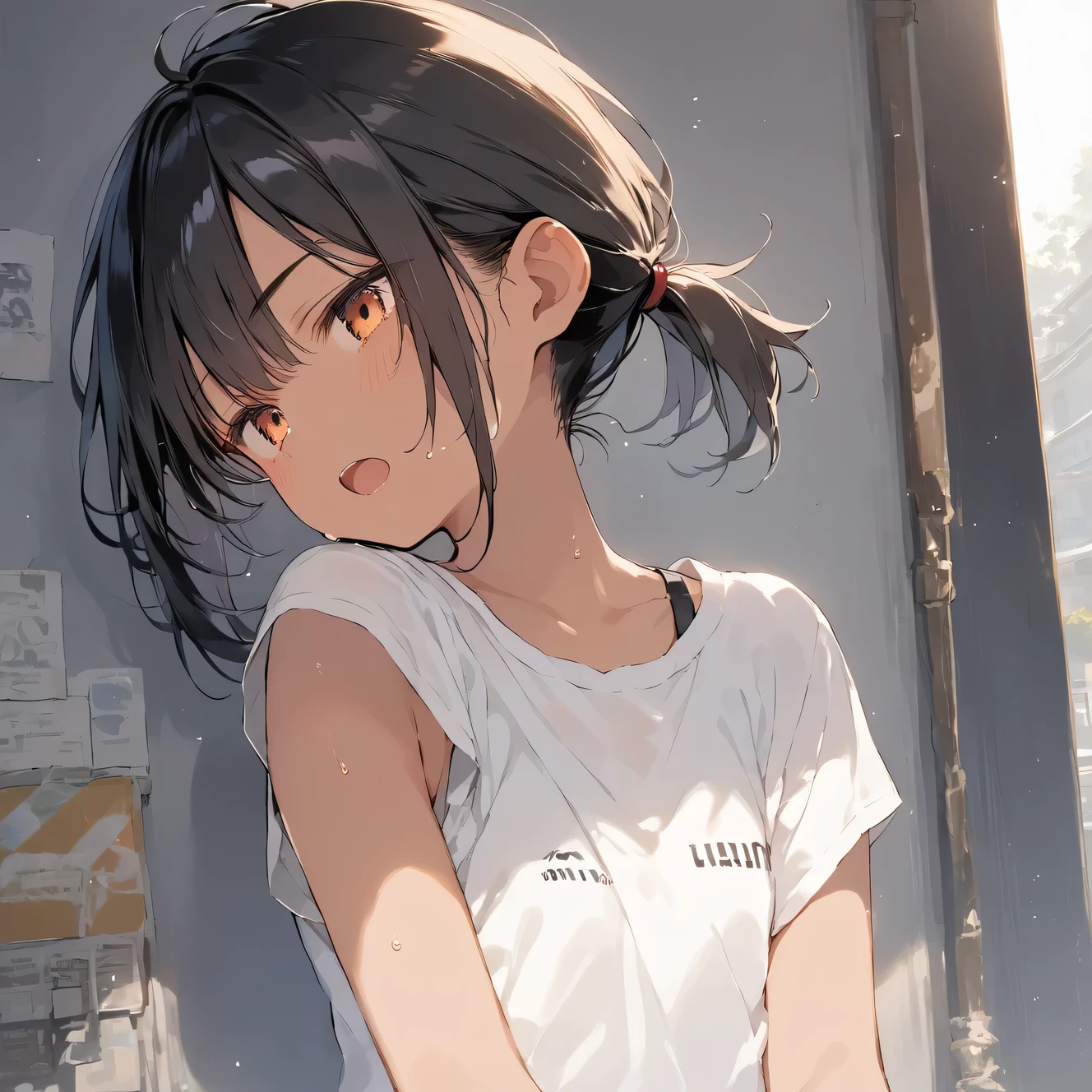 score_9, score_8_up, score_7_up, source_anime, best quality, masterpiece,official art, absurdres, highres, waifu2x,Collection: Slice of Life,break,1girl, tomboy, dark-skinned female, short hair, low ponytail, flat chest, beautiful detailed eyes, short shorts, sweat, open mouth, (yawn:0.3), sleepily, outdoors, break,(clear line illustration:1.2),very high resolution, very aesthetic, super detailed skin, Best sexual lighting powered by famous artist, 8k,cute picture,beauty illustration,photoshop_(medium),,(Detailed Lighting)