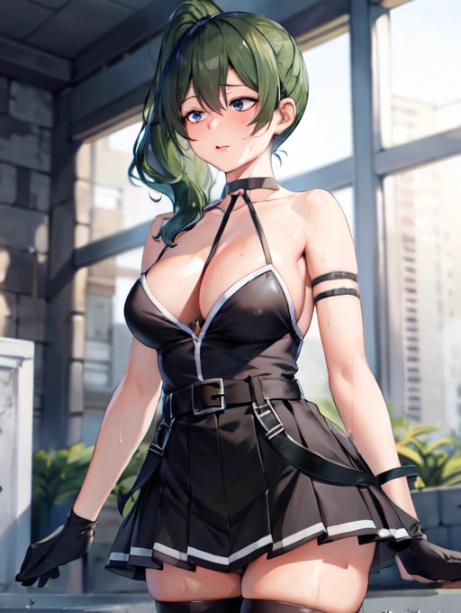 masterpiece, highest quality,(detailed), Bruises, Long Hair, Side Ponytail,
Black Dress,Normal chest、Slender body、 belt, Arm strap, One-elbow gloves, Thigh straps,
Sweat,sexy, Out of breath,Cowboy Shot、sexyショット