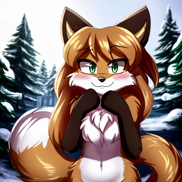 uploaded the e621, beautiful and detailed, woman (((female))) ((anthro)) Fox, (Averi, Fox girl), cinematic lighting, Fox, (anthro, fluffy fur), anthro fox girl, body fur, curvy, sexy, nice, cute, hot, comfortable anime-style cartoon-style, digital drawing, SFW, flat chest, chest fluff, blushing, green eyes, sassy, sassy hips, cute friendly smile, snow, forest, wet fur, heart, hearts, speech bubble, looking at viewer, close up, hugging viewer, petting, nuzzling viewer