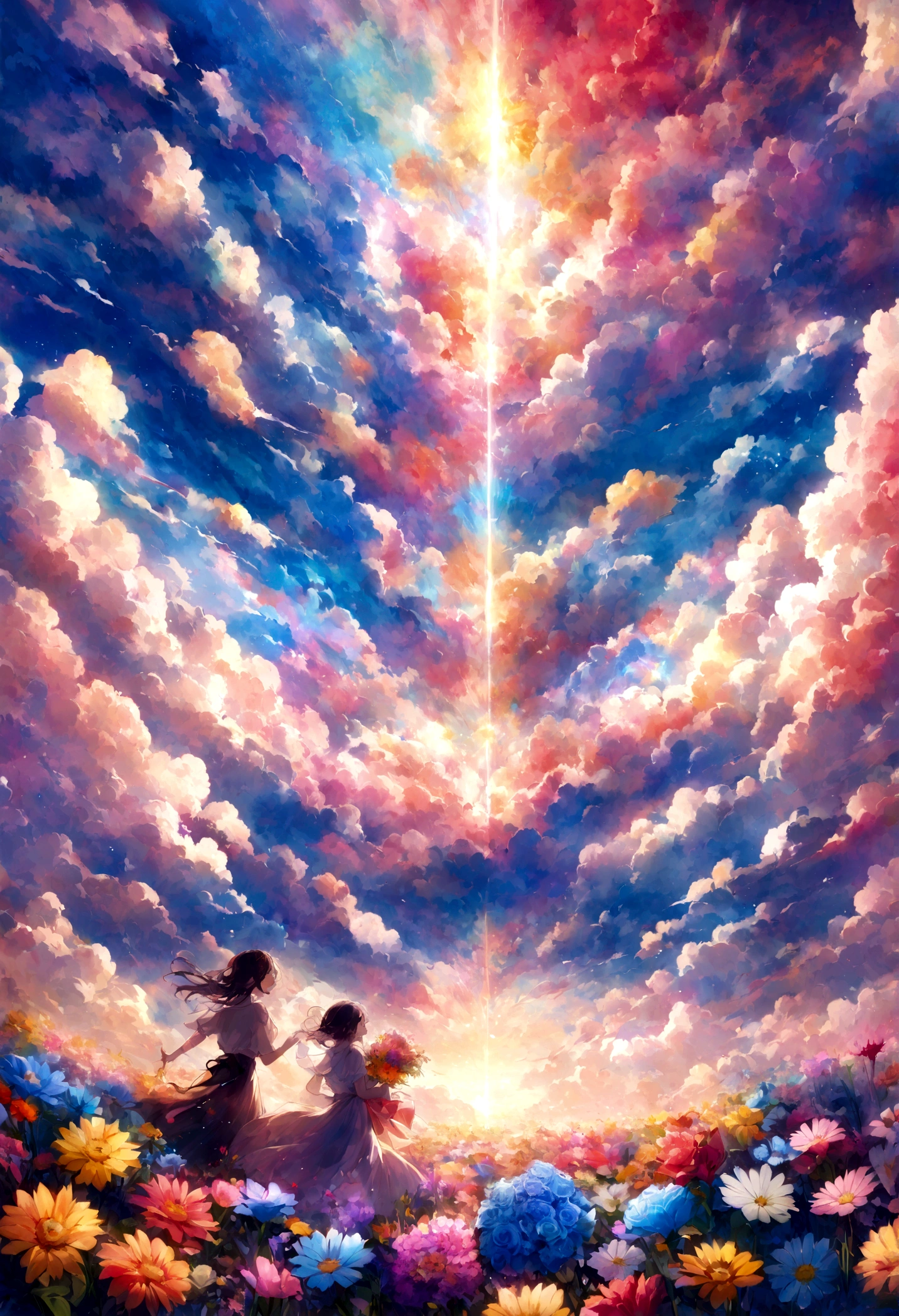bouquet、Flower Field、bless、Toast、Euphoria、happiness, , pixiv Contest Winner,, Beautiful flowers dye the sky, ,, Psychedelic Cloud, , , glowing clouds, Dreamscape painting, Burning Clouds、