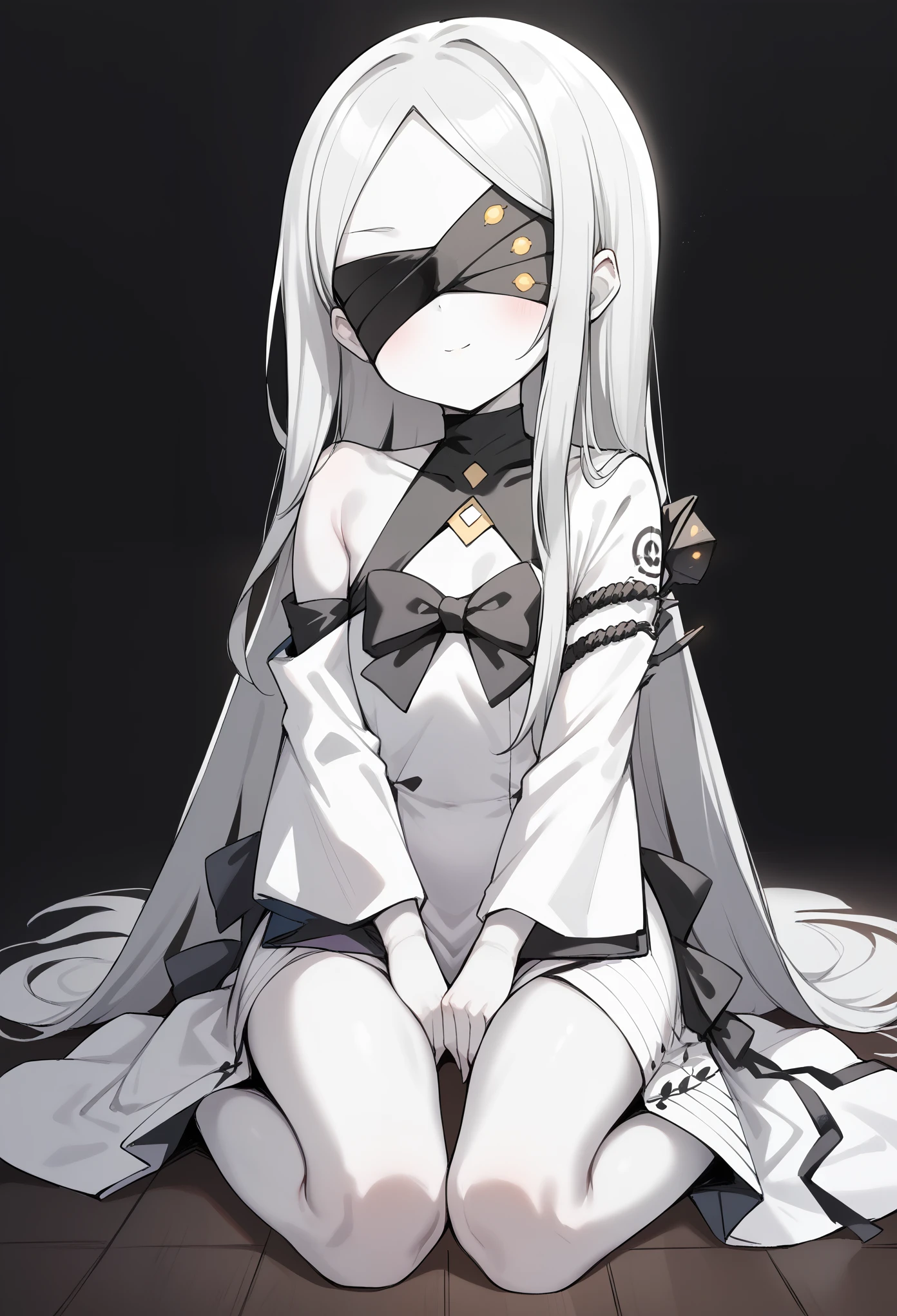 score_9, score_8_up, score_7_up, score_6_up, score_5_up, score_4_up, source_anime, BREAK 1girl, ohr-default, ohr (blue archive), white skin, covered eyes, parted bangs, long hair, white dress, wide sleeves, sitting on floor, hands between thighs, wariza, neutral, black background