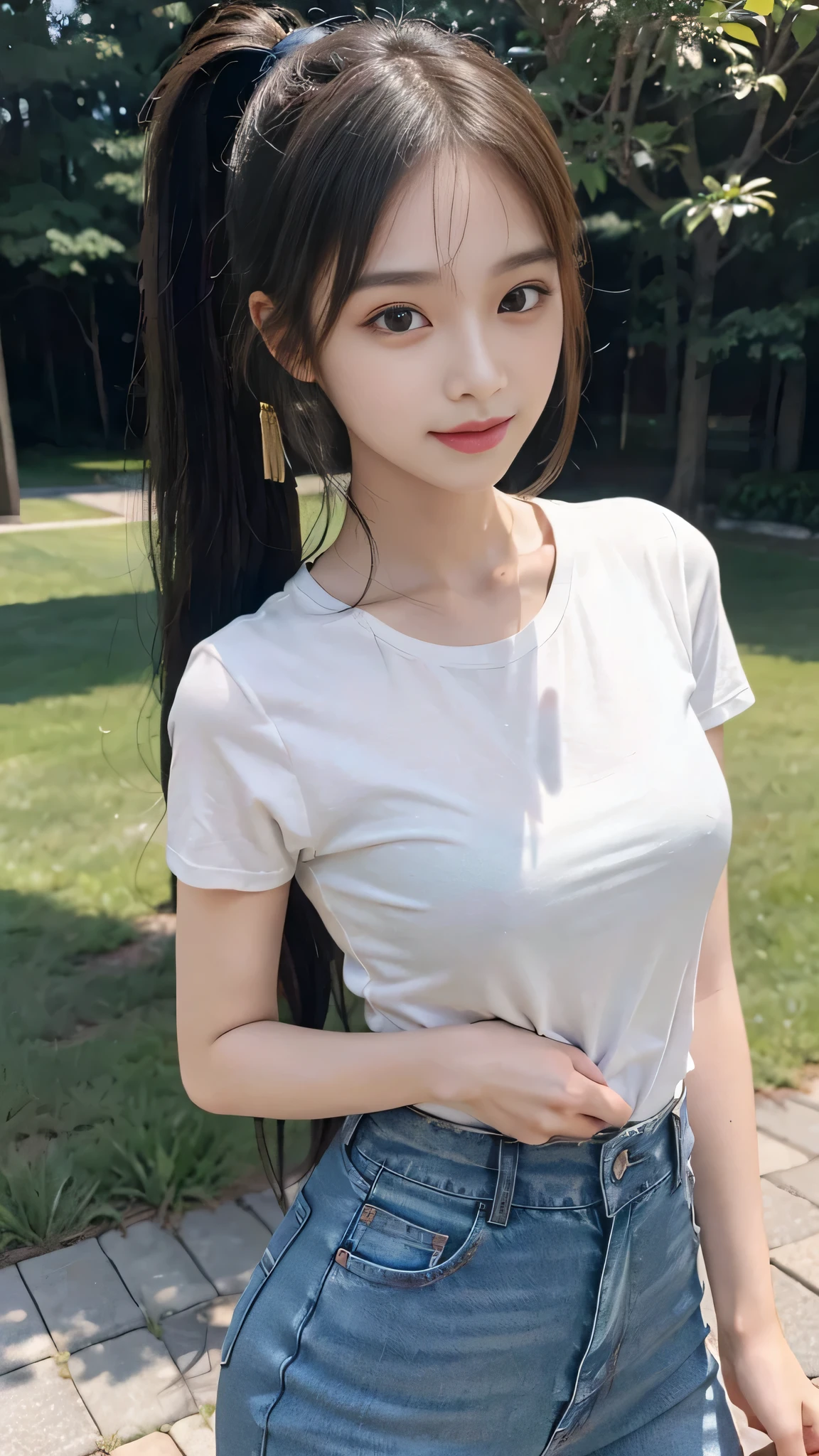 T-shirts,jeans,outdoors,Urban Park,On the lawn,Close up face,One woman,masutepiece, The highest image quality, High quality, the background is clear,Beautiful woman, Japanese,Ultra-detailed, finely detail, hight resolution, 8K Wallpaper, Perfect dynamic composition, Beautiful detailed eyes , Detailed, Detailed eyes, Detailed skin, Beautiful skin, 超hight resolution, (reality: 1.4),Very beautiful woman, Slightly younger face, Beautiful skin, slender, (Ultra photo realsisim), (hight resolution), (8K), (Very detailed) (beautifully detailed eyes), (super detailed), (Detailed face), view the viewer, Fine details, Detailed face, Staring straight ahead, Staring straight ahead, photos realistic, Bright lighting, Professional Lighting, Black hair,poneyTail,a ,fourteen e: ponytail,Long ponytail hairstyle,slight smile,neat and tidy clothing,Beautiful Japanese KPOP idol photo, hair style is ponytail, my eyes are double and wide, baby face, smile and look shead, slender, small breasts,Close up face,