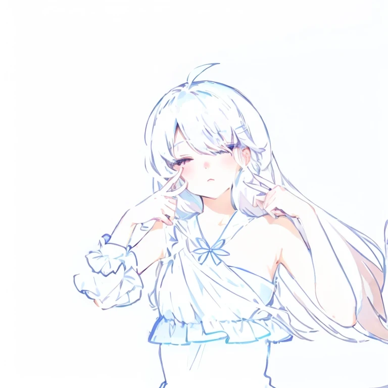 Wearing a blue dress、Cartoon of a woman wearing a pink bow, Wear clothes, Use your index finger, White-haired deity, Soft anime illustration, White Dress!! Silver-haired, Clear anime silhouette, Flat anime-style shadows, Cute anime girl in a beautiful skirt, Line Drawing!!, by Shitao, White background : 3, I will deny this