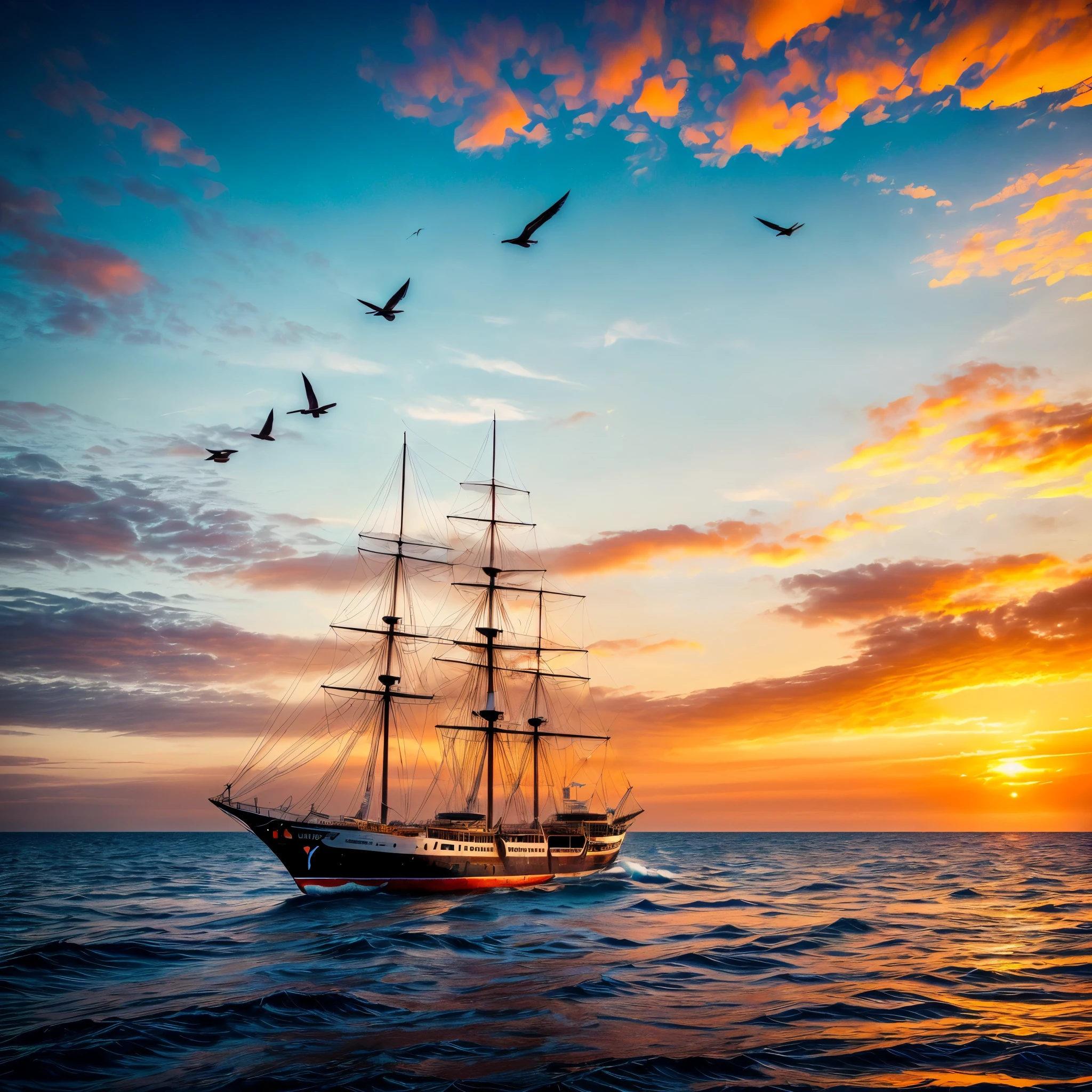 8K, Best Quality, Masterpiece, Ultra High Resolution, (highly detailed CG unity 8k wallpaper), (best illustration), (best shadows), isometric 3D, octane rendering, ray tracing, highly detailed, (wide panoramic view: 1.1), Realistic hands. Blurred foreground. [(((A stunning cinematic wildlife photograph capturing a majestic three-masted ship gliding gracefully on an orange ocean, bathed in warm hues of sunlight. There stands "Bathou" and "Neu-Seeburg". The ship's sails billow gently in the breeze, while the wooden deck and ropes cast intricate shadows. Seabirds fly overhead, adding a dynamic element to the scene, and the distant horizon is a blend of fiery oranges and soft yellows. The overall atmosphere evokes a sense of adventure and exploration in a realm of warm, vibrant colors., cinematic, wildlife photography]