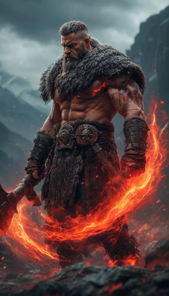 A striking fantasy illustration of a muscular barbarian warrior, adorned with numerous battle scars that cover his chiseled body. He wields a massive battle axe that emits a powerful red Berserker aura, enveloping him in a menacing yet captivating presence. The background reveals an eerie, foggy landscape with looming, ominous mountains, setting the stage for an intense battle. The highly detailed and high-definition artwork showcases the power and resilience of this fierce warrior., Cinematic, Hyper-detailed, insane details, Beautifully color graded, Unreal Engine, DOF, Super-Resolution, Megapixel, Cinematic Lightning, Anti-Aliasing, FKAA, TXAA, RTX, SSAO, Post Processing, Post Production, Tone Mapping, CGI, VFX, SFX, Insanely detailed and intricate, Hyper maximalist, Hyper realistic, Volumetric, Photorealistic, ultra photoreal, ultra-detailed, intricate details, 8K, Super detailed, Full color, Volumetric lightning, HDR, Realistic, Unreal Engine, 16K, Sharp focus, octane render --v testp