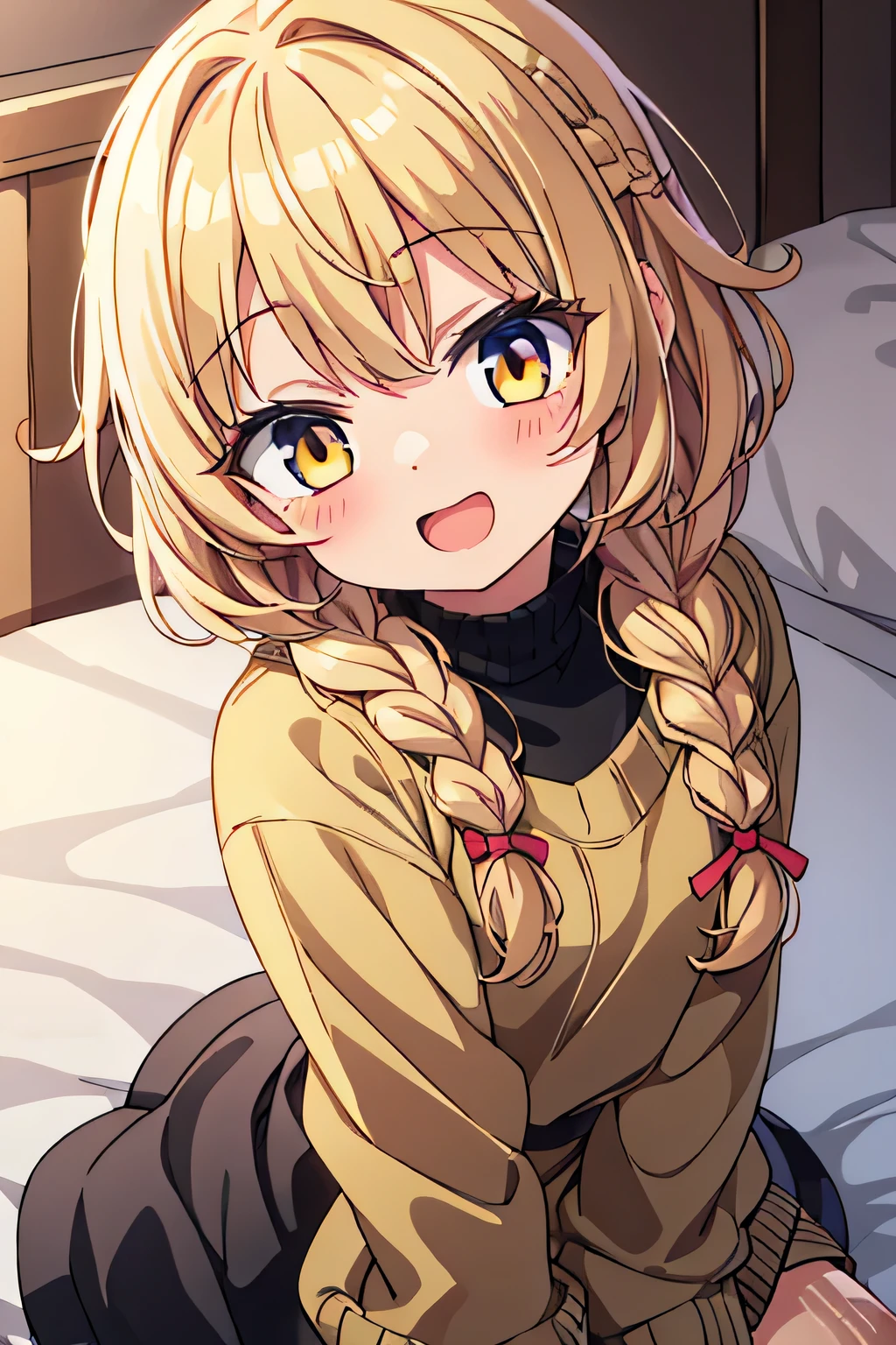 lolli, cute anime toddlers, beige hair, golden eyes, girl with golden eyes, short hair, braided hair on the right side, messy hair, blushing, smile, open mouth, only wearing black sweater, wink eyes, in bedroom, affectionate face, small fanged one