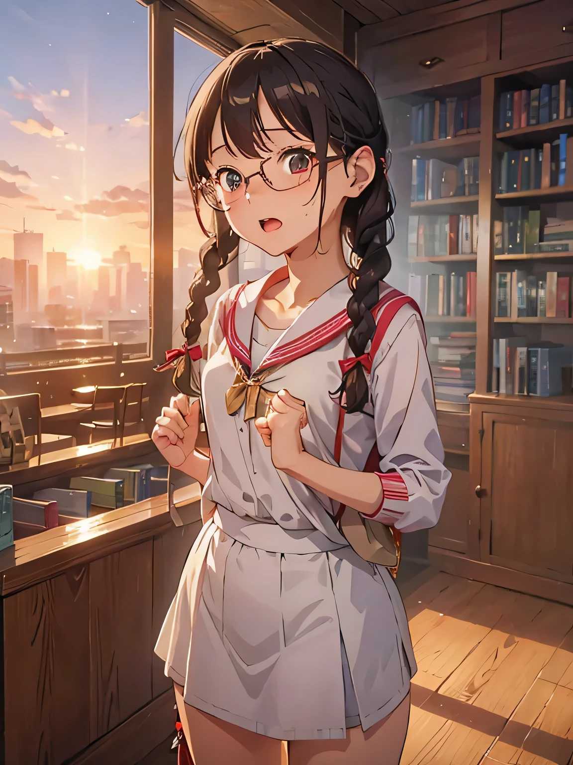 (((masterpiece))) ((( background : Romantic Theme : student : In the library : sunset ))) ((( character : Ann: Healthy Body : Small breasts :  Braided hair : Otaku : Wear glasses : white  : Are standing : Mouth open in surprise : sweating : Blushing : Very embarrassing )))