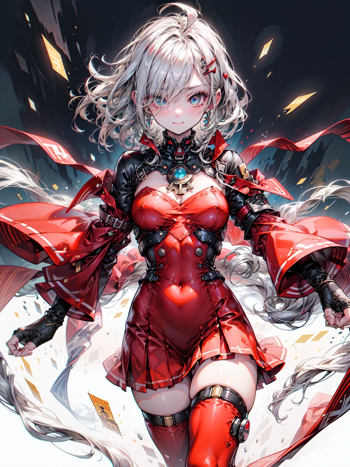 作業服を着たbright銀colorの未来的な女神の少女 ((Bright red pleated tight suit)) and (Golden Line) accent (((skirt))) (((long sleeve goddess robe))) With a fireball, (Cut the robe), (Runes on the skin), amazing, elite, ((Ray)), Futurism, cyber punk, silk, fur, (stockings), Décolletage, Natural , The body is slim, zettai ryouiki, ((((Medium length hair)))), (Gradient Silver Hair) Streaks of red highlights in hair, (美しいディテールがbright ((Shine)) eyes of burning fire), Portraiture, (beautifully、aesthetic:1.2, Fractal Art:1.4), 最もRealistic, 超Realistic, original, highest quality, highest quality, detailed, Realistic, 4K の非常にdetailedなデジタルアート, Rendering with Octane, Bioluminescence, (nice_color), Best Pixels, 8K Ultra, 非常にdetailedな CG ユニティ 8k 壁紙, Cinema Lighting、Blake、（Dark Elf), (1 girl), alone, Perfect Face, Get used to it, Ahoge, ((Long Hair:1.2)), (Hair above one eye:1.3), [[Messy Hair]], Shineブロンドの白い髪, 紫colorの目, Variegated eyes, Colorful Hair, Shine目, (eyelash, eye shadow, pink eye shadow), bright, smile, design art by Mikimoto Haruhiko, by Kawashi, by Yoshitaka Amano