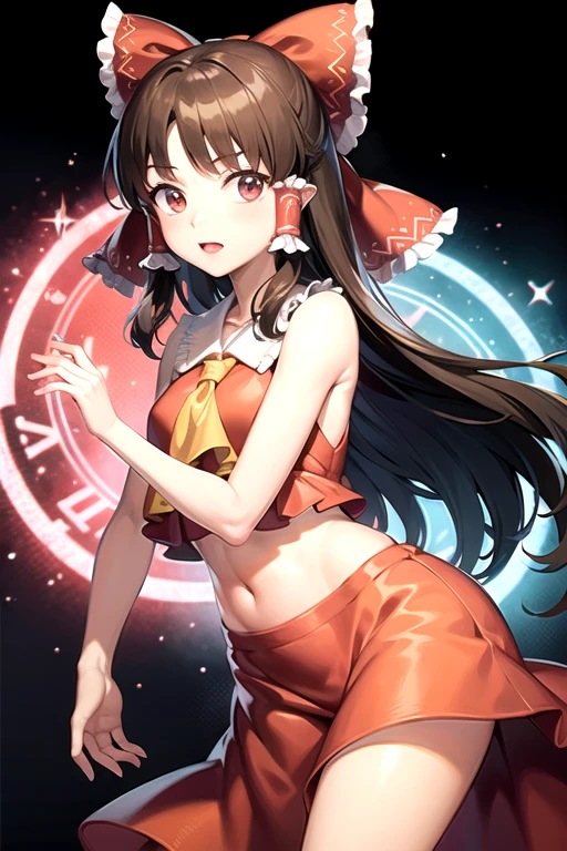 ((melhor qualidade)), ((Anime)), (detalhado), 1 mulher, Reimu Hakurei, Roupas pretas, Anime, adorno oriental de cabelo, corpo inteiro, necromancia, sombrio, umbigo exposto, magic circle, dark