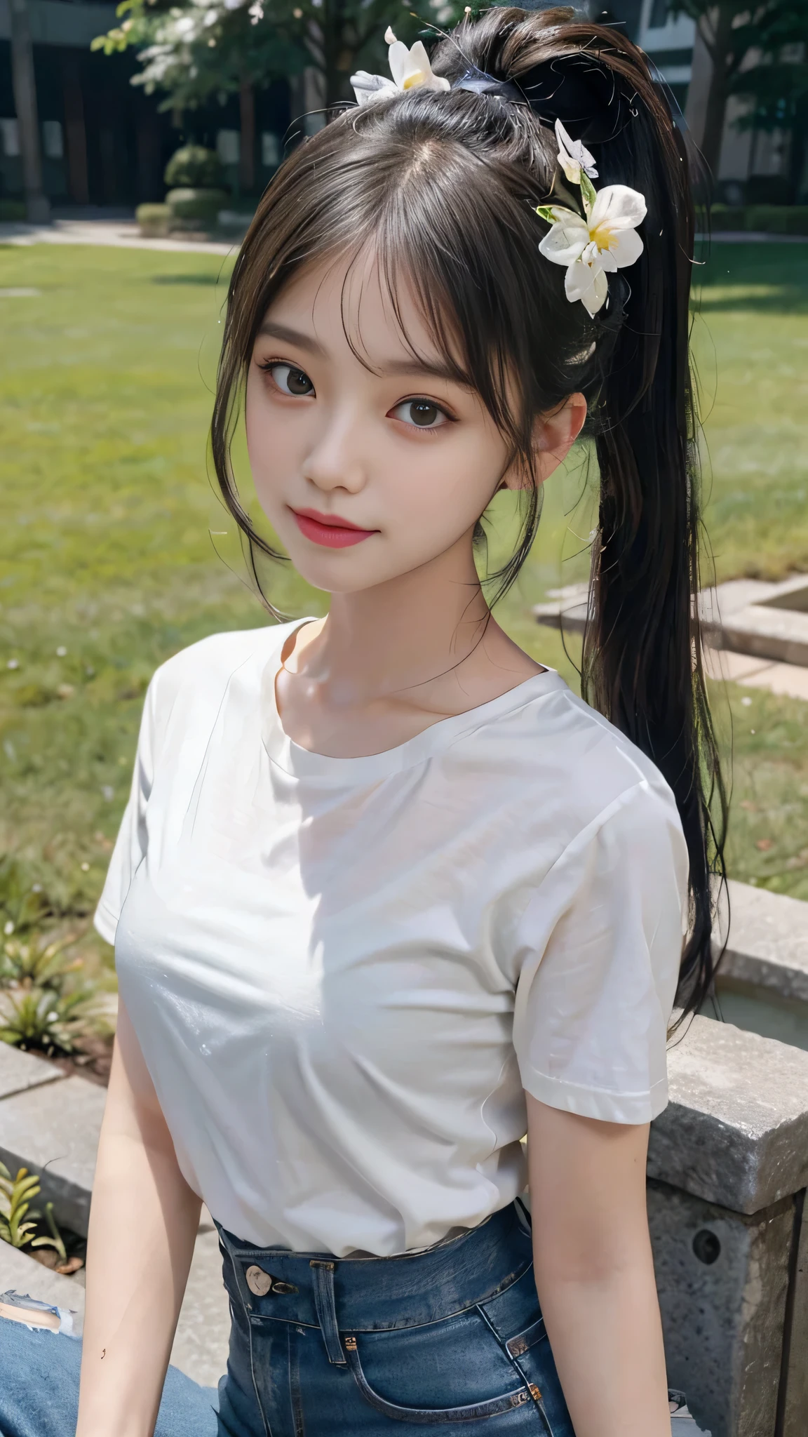 T-shirts,jeans,outdoors,Urban Park,On the lawn,Close up face,One woman,masutepiece, The highest image quality, High quality, the background is clear,Beautiful woman, Japanese,Ultra-detailed, finely detail, hight resolution, 8K Wallpaper, Perfect dynamic composition, Beautiful detailed eyes , Detailed, Detailed eyes, Detailed skin, Beautiful skin, 超hight resolution, (reality: 1.4),Very beautiful woman, Slightly younger face, Beautiful skin, slender, (Ultra photo realsisim), (hight resolution), (8K), (Very detailed) (beautifully detailed eyes), (super detailed), (Detailed face), view the viewer, Fine details, Detailed face, Staring straight ahead, Staring straight ahead, photos realistic, Bright lighting, Professional Lighting, Black hair,poneyTail,a baby face,fourteen years old,Hairstyle: ponytail,Long ponytail hairstyle,slight smile,neat and tidy clothing,Beautiful Japanese KPOP idol photo, hair style is ponytail, my eyes are double and wide, baby face, smile and look straight ahead, slender, small breasts,Close up face,