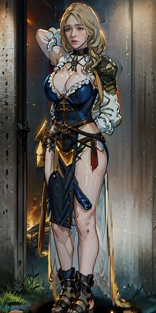 1girl, Mercedes von Martritz from Fire Emblem (masterpiece, best quality), intricate details, 1girl, 1girl in, age19, Solo, Long hair, Colossal, Looking at Viewer, blond hair, (standing full body toe to head by wooden pole:1.2) iron collar, arms behind back, iron cuffs, shackles, bound, harness, o-ring, happy red cheeks, chain leash collar choker neck bell shackles wristbands bracers bracelets, cleave gag, sad face, red cheeks, cryings tears, painful (she was sold and betrayed by her own family after been hitted on face) (inflammations swollen face 😢 💔 😞 😭) 
