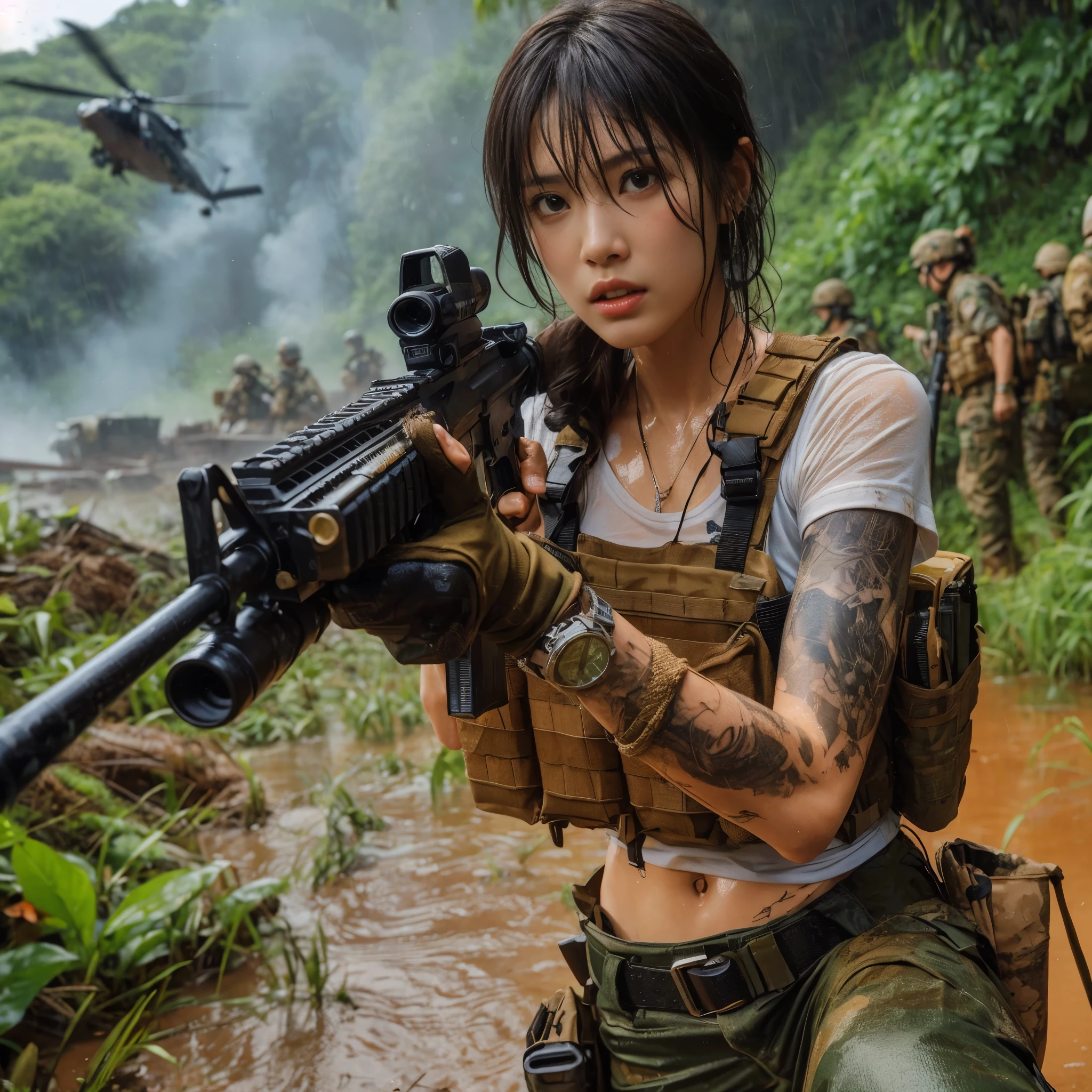 8k,Realistic Photo、Realistic Skin Texture、Superrealism、Japanese women in the US Special Forces、jungle、、rifle、、Hold your gun and be on guard、Tension、Sense of urgency、after the rain、Bulletproof vest、Watch on left arm、Sticks to the skin when moistTshirt、Military Pants、jungleブーツ、Tattoo、humidity、Dynamic pose、Impact、explosion、Bombing nearby、Grass and mud fly off along with the smoke from the explosion.、Coming under attack,The counterattack begins、Deadly Combat