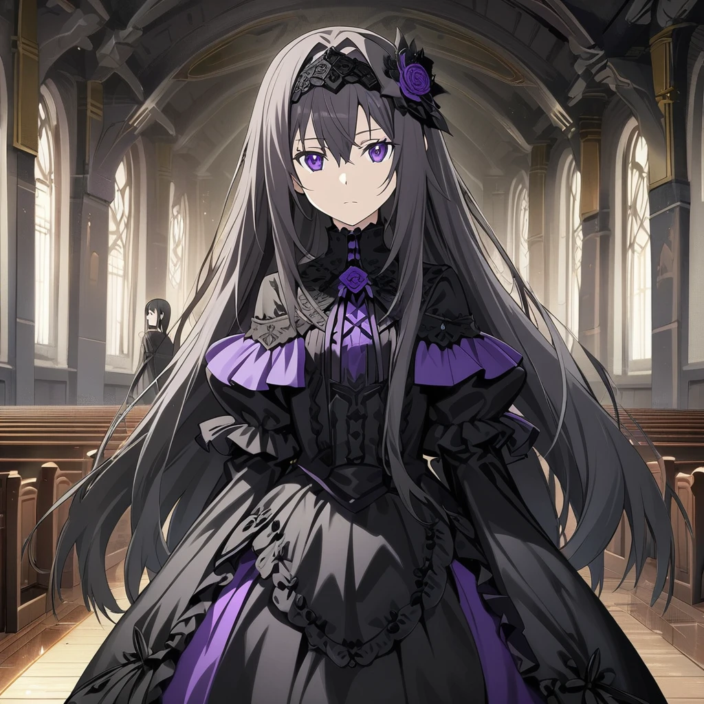 Akemi Homura \(Sword Art Online\), (long ash gray hair), (sharp violet eyes):1.2, 30 years old, black Victorian queen costume, expressionless, black hair ornament, ((ultra-detailed)), ((illustration)), ((neat hair)), (beautiful detailed eyes), female, 1woman, middle age, standing, ((funeral hall)), looking at viewer