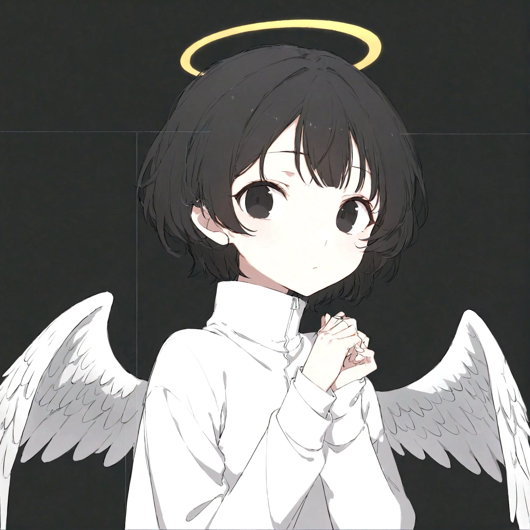 Black Hair,short hair,black eye,Angel white wings,Angel Halo,White clothes,Gender unknown,Expressionless,No breasts,Thick Coating