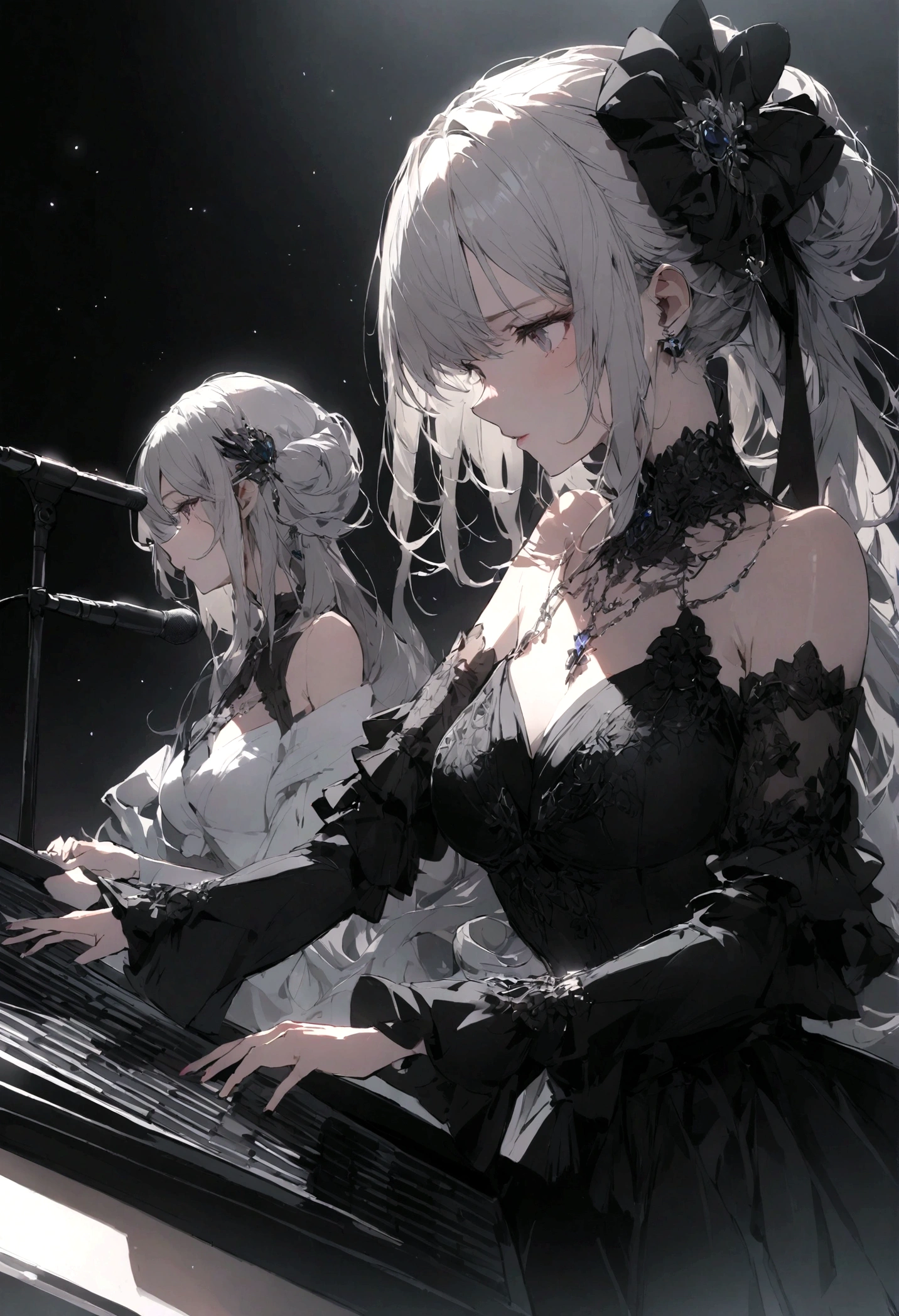 Woman playing keyboard。On stage