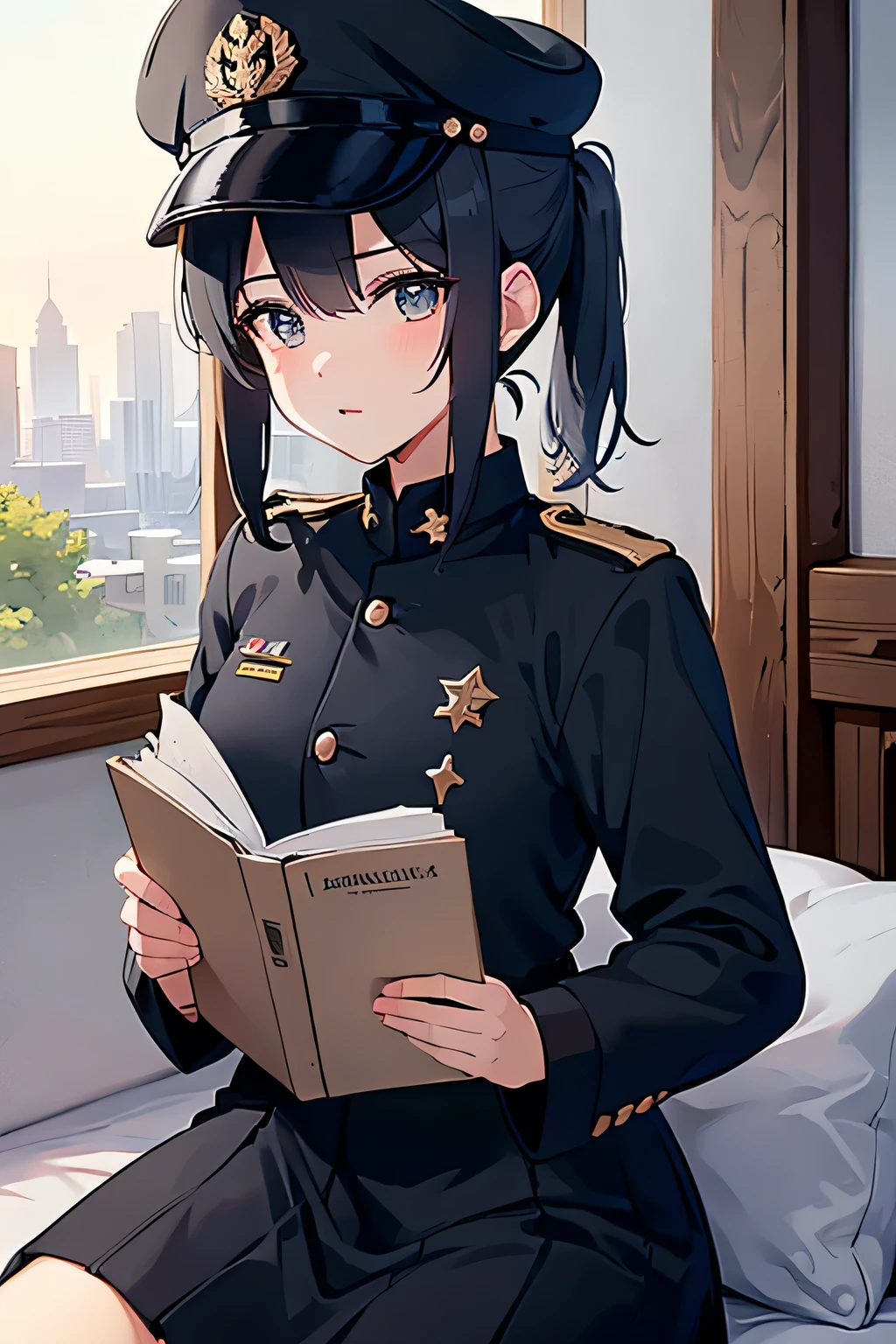 Military uniform, black hair, holding a book, single ponytail girl, military cap, black and white