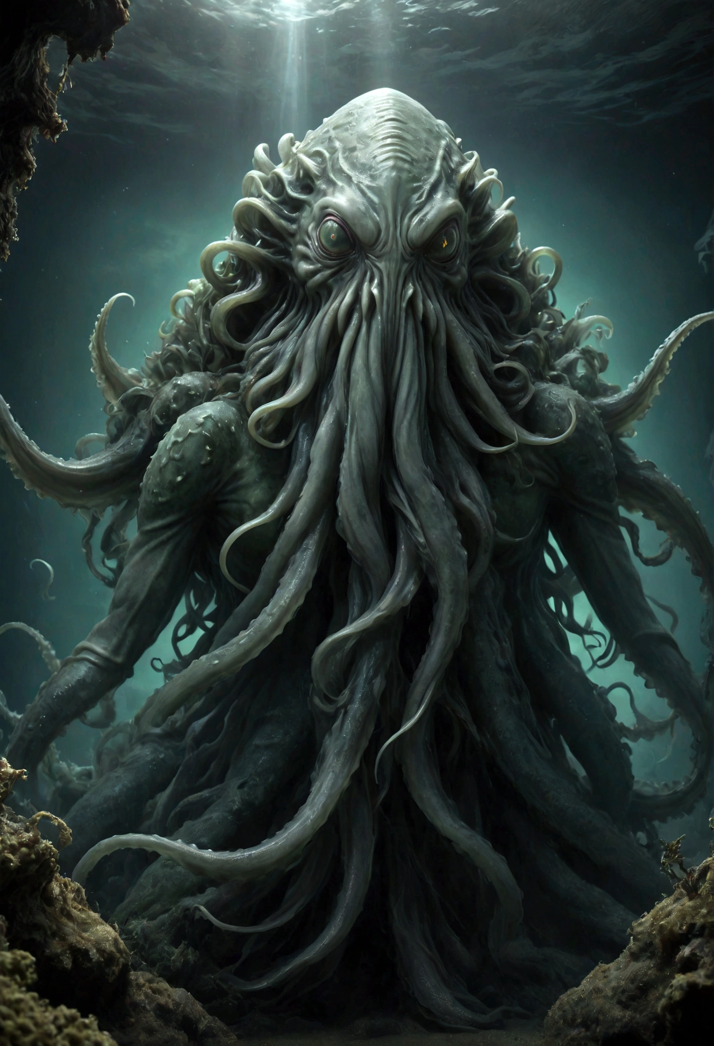 (masterpiece),(Extremely accurate drawing with fine details),(Very accurate representation)(Cinematic)Transcendent and breathtaking imagery of Cthulhu, An ancient mystical deity from the Necronomicon, In front of the ordinary black monolith, spread your wings and々Standing. Covered in shining seaweed, it exudes antiquity and luxury., This fascinating and captivating image、It captures the alluring charm of Cthulhu., Showcasing the awe-inspiring power and magnificence of this mysterious being. This piece is drawn with meticulous line work., Evoke the essence of a manga-style theme in a monochrome scale of black and grey.
Superior Quality, 8K ultra-high resolution, Hyperrealism, Fantastic and dreamy environment, Otherworldly, Intricate details, Long, slender limbs, Great hair, Alien Charm, Mysterious glow, Realistic shadows, Theatre Lighting, Legendary figure, Enigmatic Beings, Dreamy atmosphere