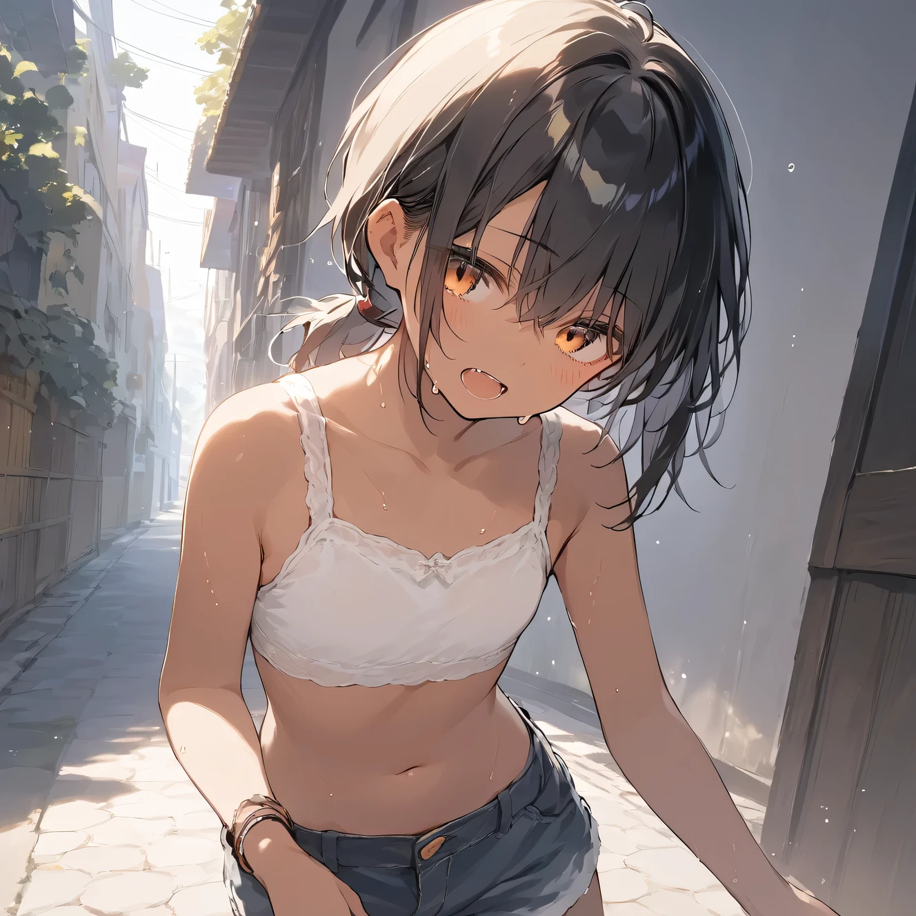 score_9, score_8_up, score_7_up, source_anime, best quality, masterpiece,official art, absurdres, highres, waifu2x,Collection: Slice of Life,break,1girl, tomboy, dark-skinned female, short hair, low ponytail, flat chest,  beautiful detailed eyes, short shorts, sweat, open mouth, (yawn:0.3),  sleepily, outdoors, break,(clear line illustration:1.2),very high resolution, very aesthetic, super detailed skin, Best sexual lighting powered by famous artist, 8k,cute picture,beauty illustration,photoshop_(medium),,(Detailed Lighting)
