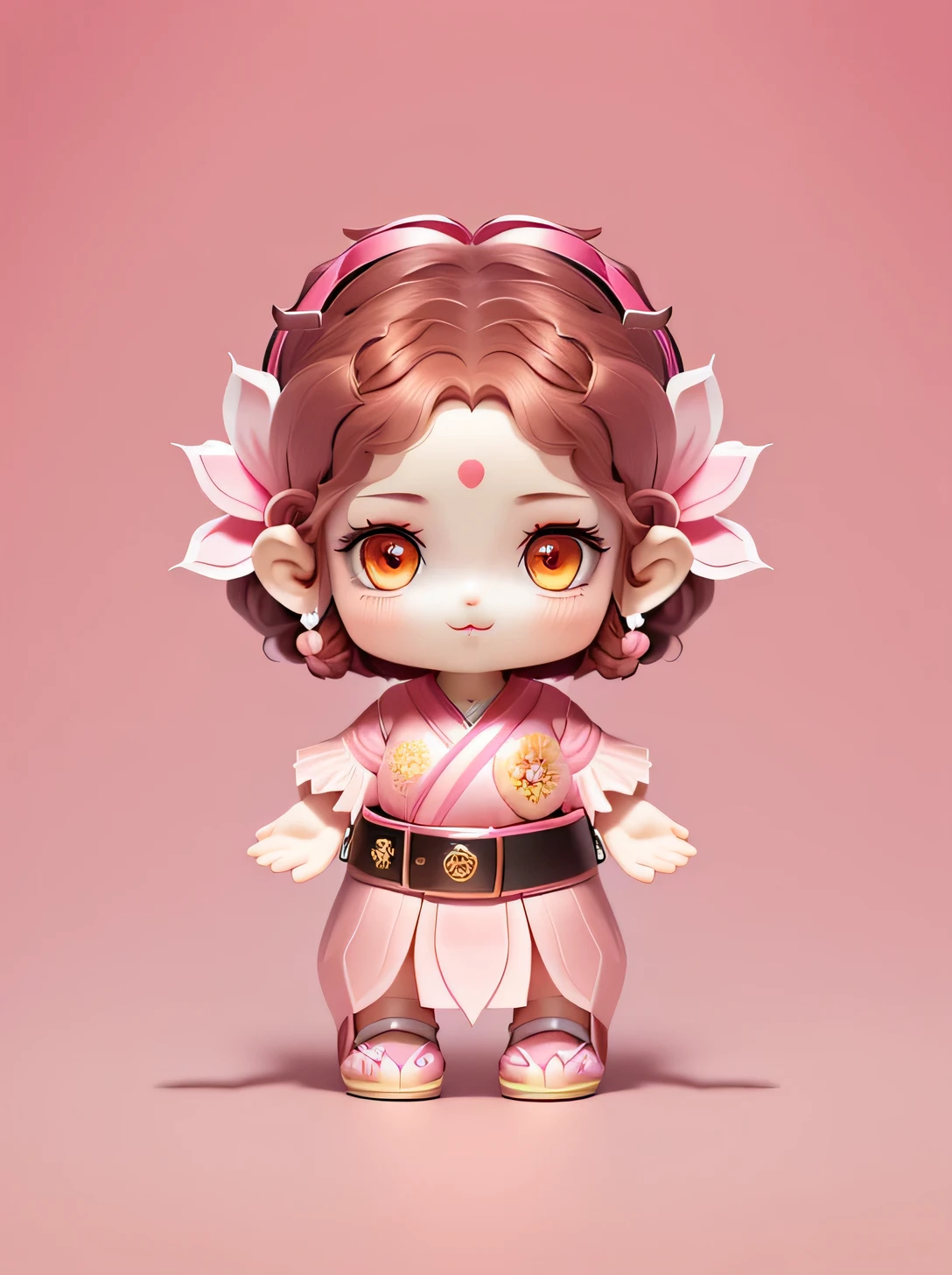 Cartoon girl with pink flower hair and pink dress, palace , cute,cute,Blind Box,Lotus Monster,Pink clothes,belt,Wearing a lotus flower on his head,There are no complicated patterns on the clothes,Lotus pattern on forehead,Brown hair,braid,Yellow and pink gradient lotus leaf sleeves,Lotus Petal Skirt,Dark pink shoes,Pure white background,Red-pink eyes,No obvious tendency of lighting,Blind Box,cute,Show your ears,Wearing a lotus flower on his head,Brown hair,