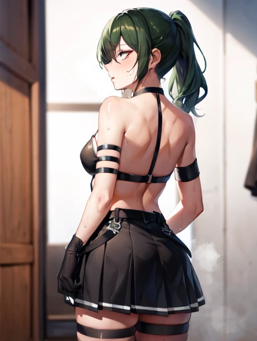 masterpiece, highest quality,(detailed), Bruises, Long Hair, Side Ponytail,
Black Dress,Normal chest、Slender body、 belt, Arm strap, One-elbow gloves, Thigh straps,
Sweat,sexy, Out of breath,Cowboy Shot、sexyショット、Backwards、look back